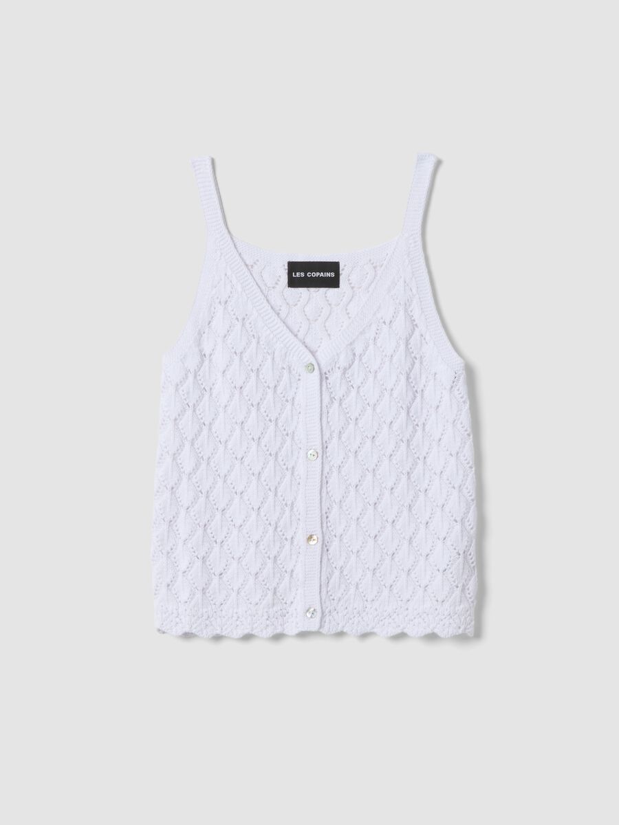 Top bianco in puro cotone con lavorazione a maglia e collo a V_4