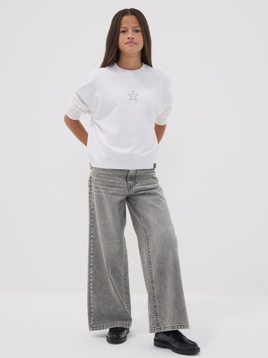 Girls&rsquo; pure cotton wide-leg grey jeans with studs_1