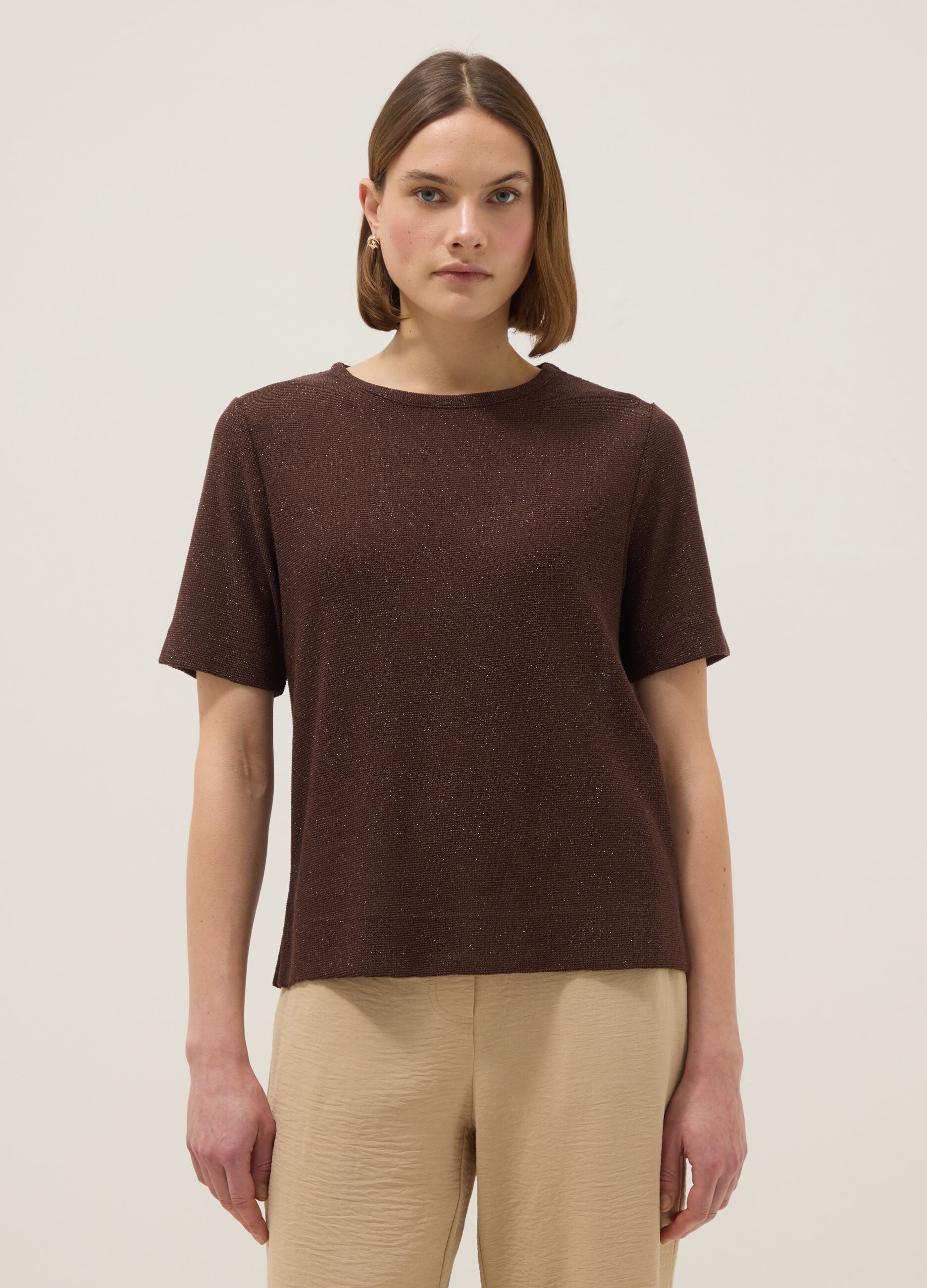 Brown short-sleeve viscose-blend T-shirt, regular fit
