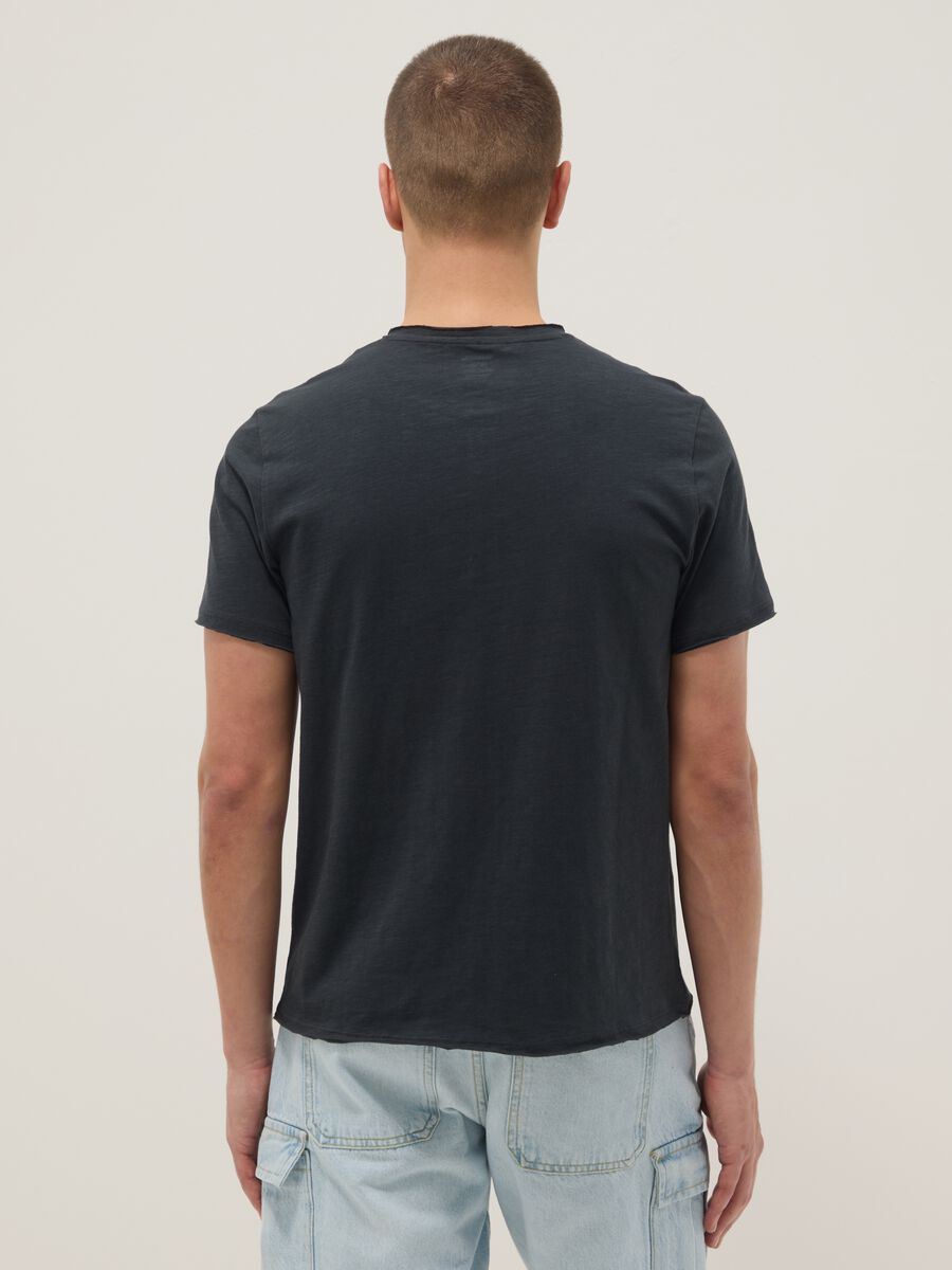 Black regular fit pure cotton T-shirt with henley collar_1