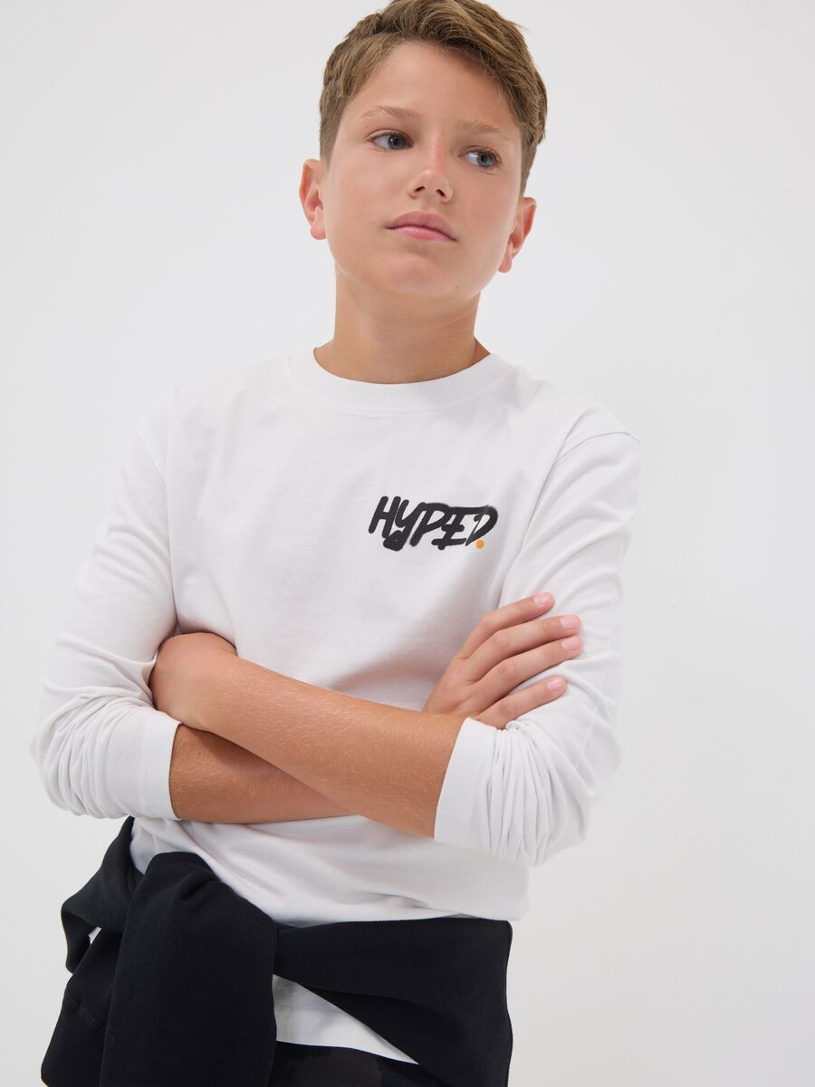 T-shirt bianca in puro cotone organico con stampa "Hyped" per ragazzo_0