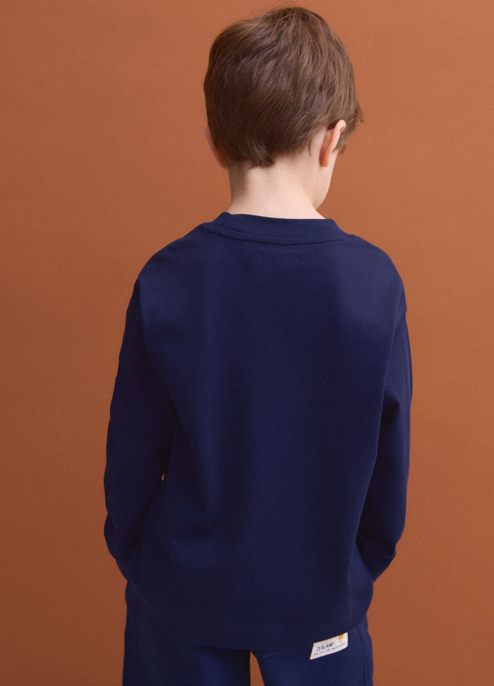 Blue long-sleeve crew-neck pure cotton T-shirt for boys