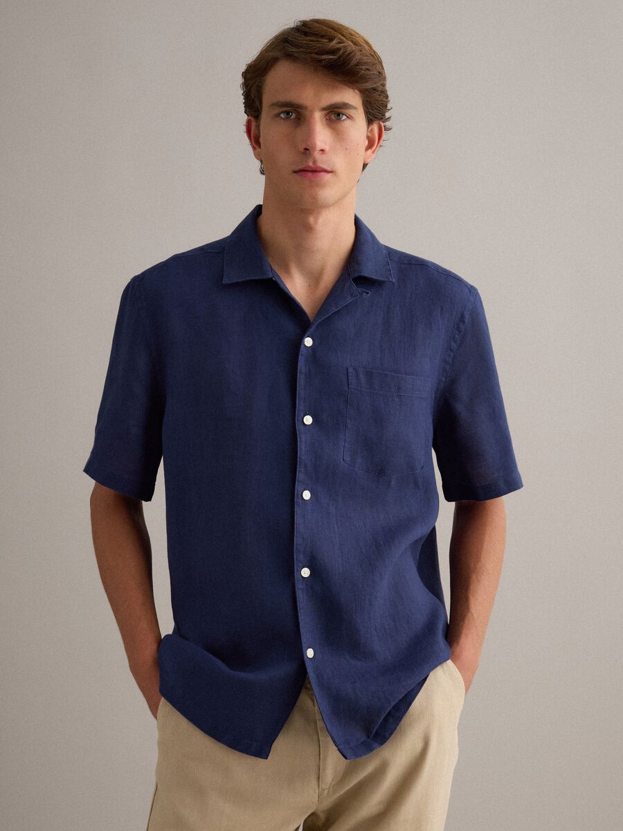 Blue pure linen short-sleeved bowling-collar shirt, regular fit_0