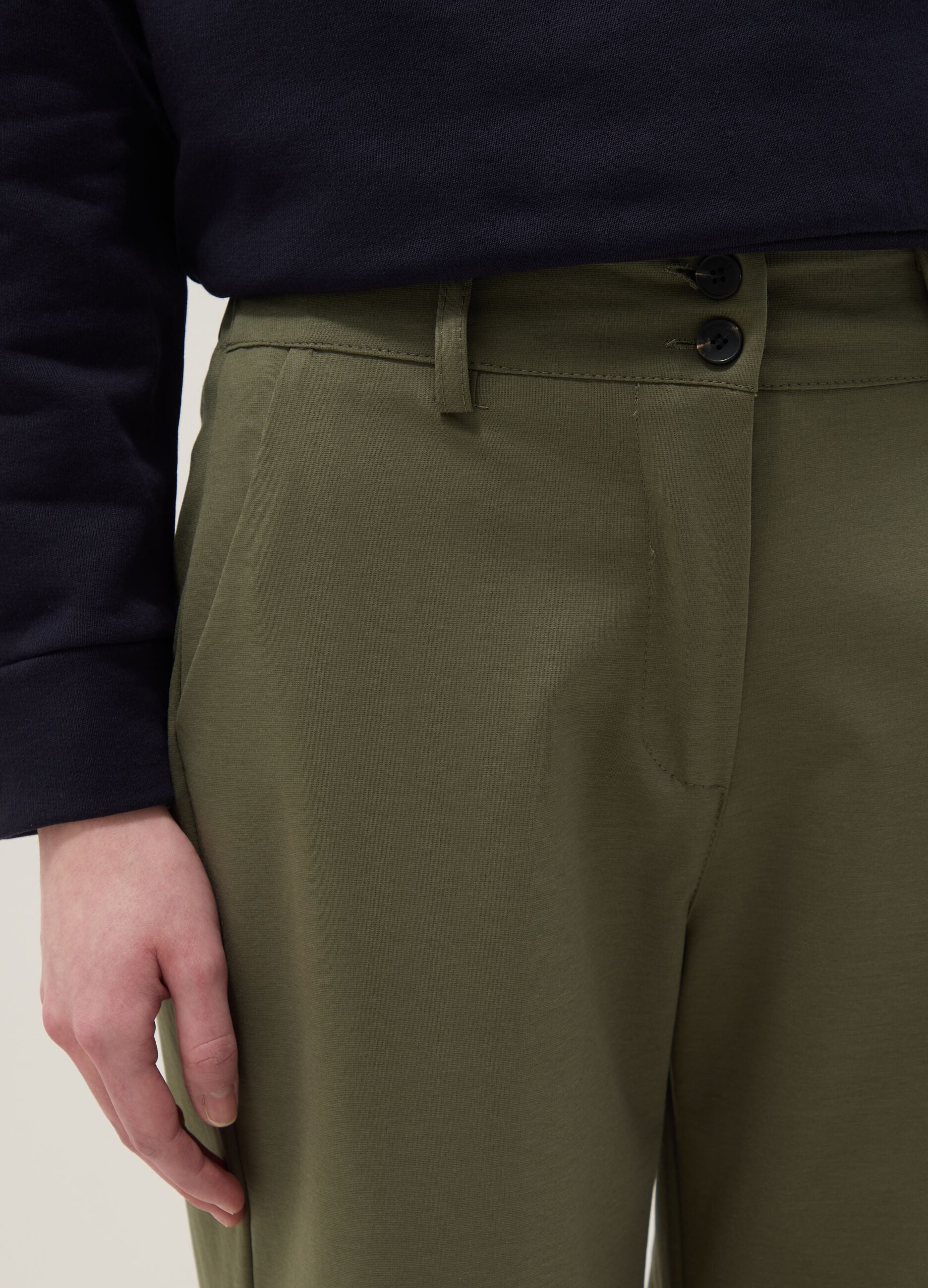 Green stretchy cotton blend wide leg trousers regular fit