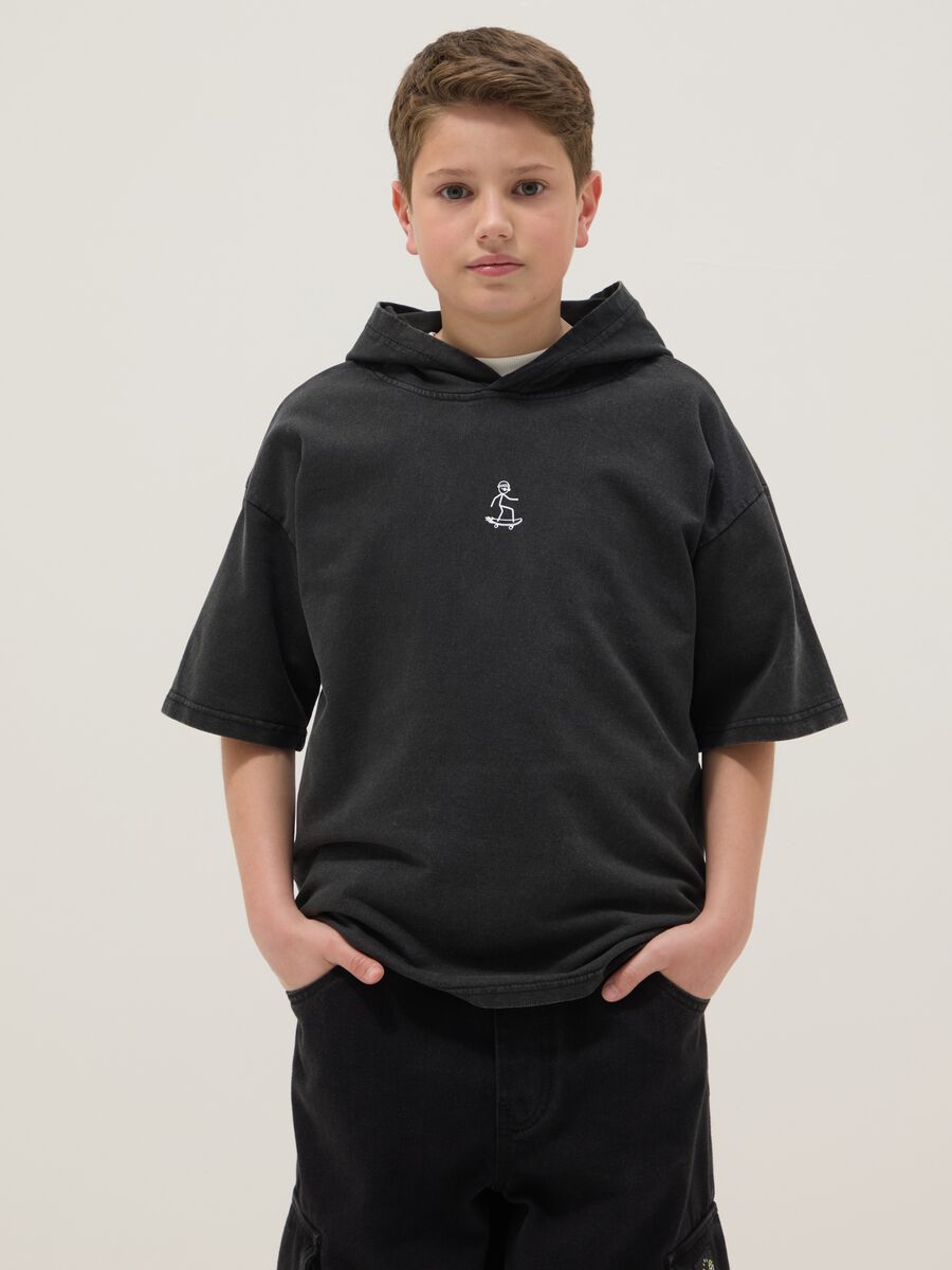 Boys' oversized black pure cotton t-shirt with hood_0