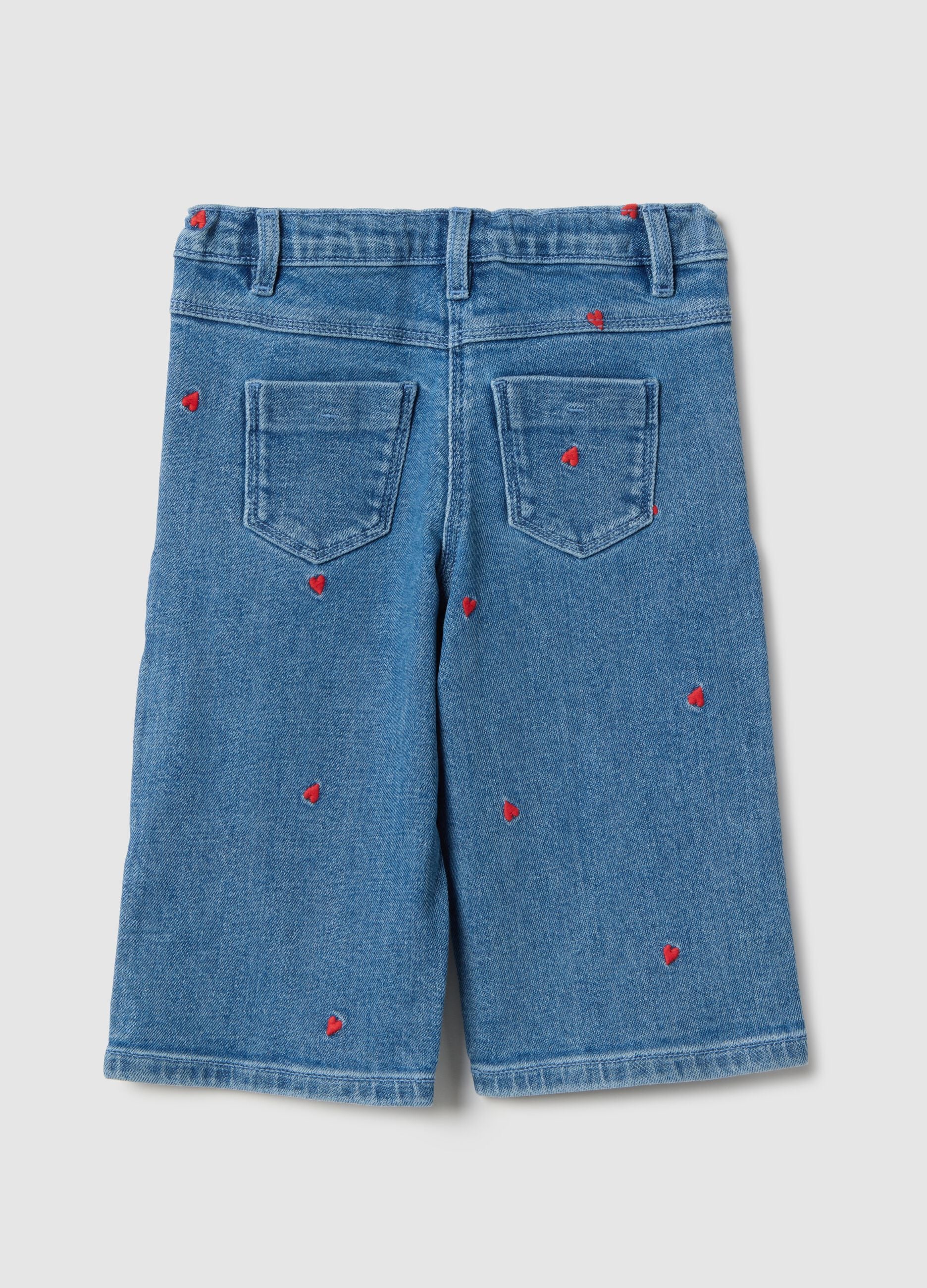 Stretch cotton denim regular fit trousers with embroidery for girls