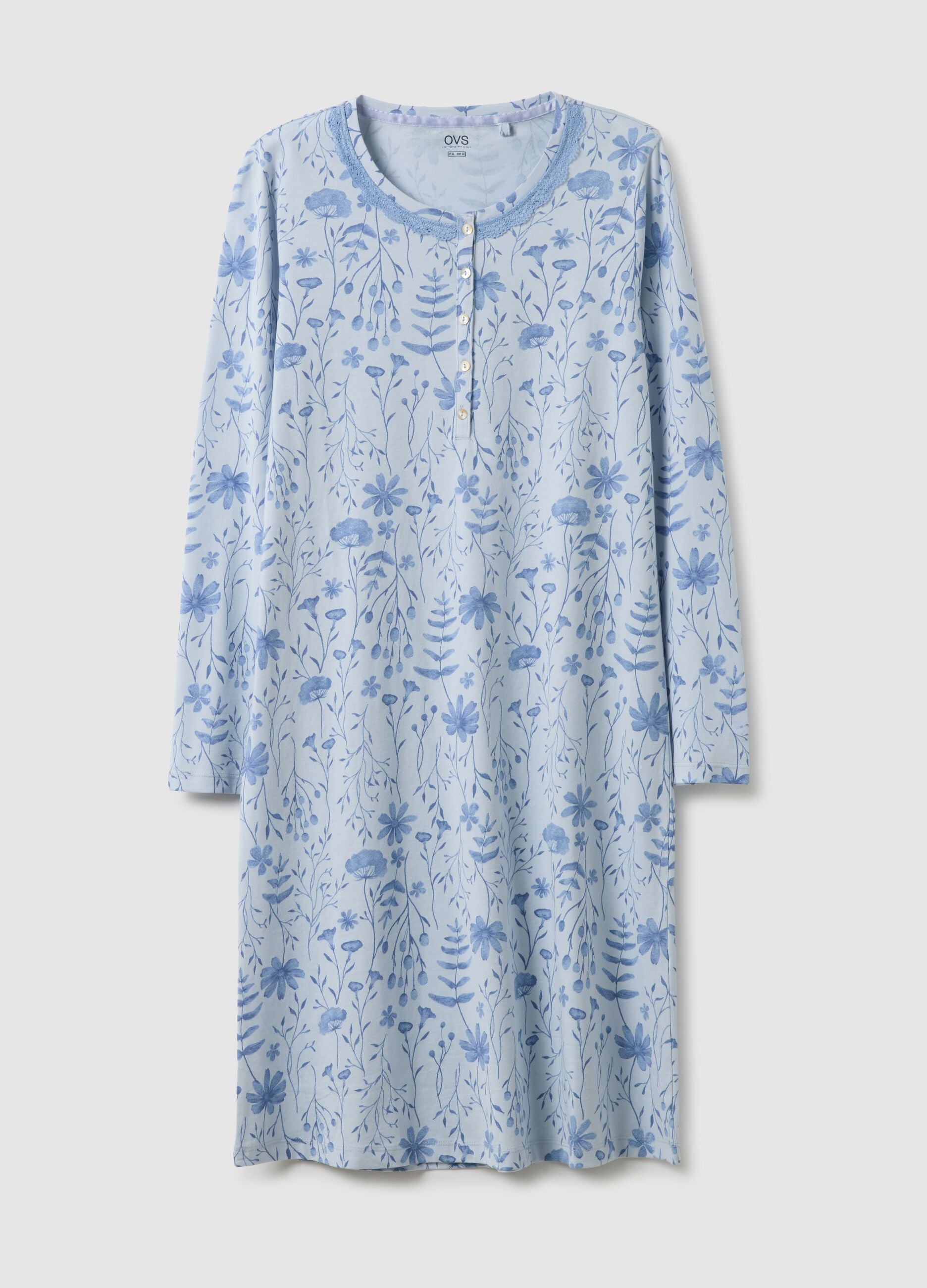 Blue pure cotton nightdress with serafino neckline