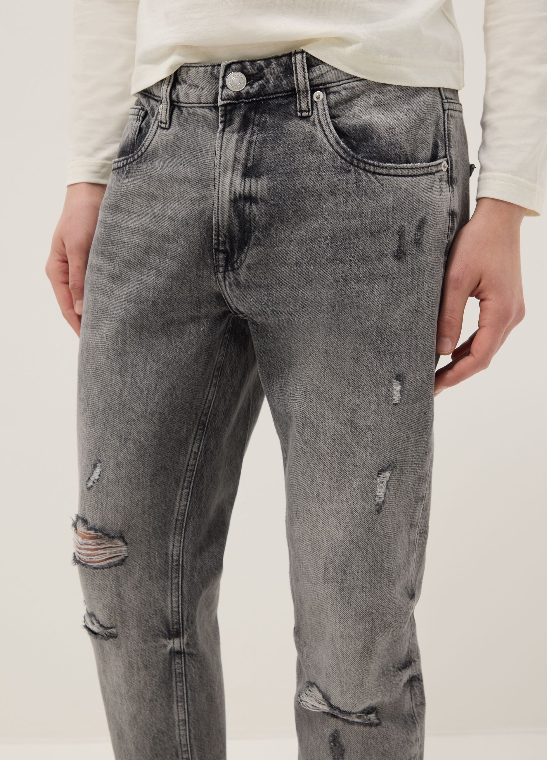 Grey Slim Fit Distressed Pure Cotton Jeans