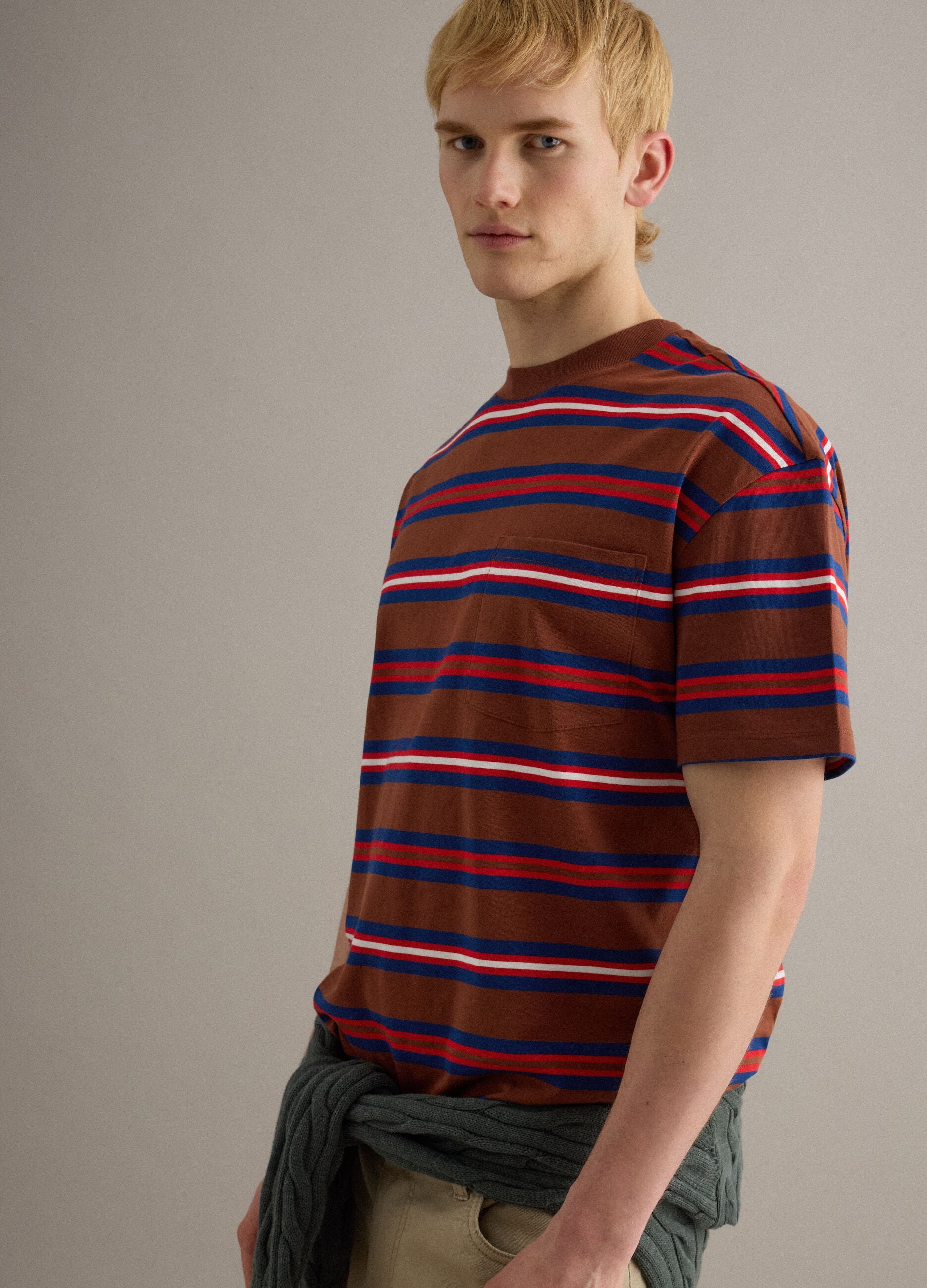 Multicolour striped pure cotton relaxed fit T-shirt