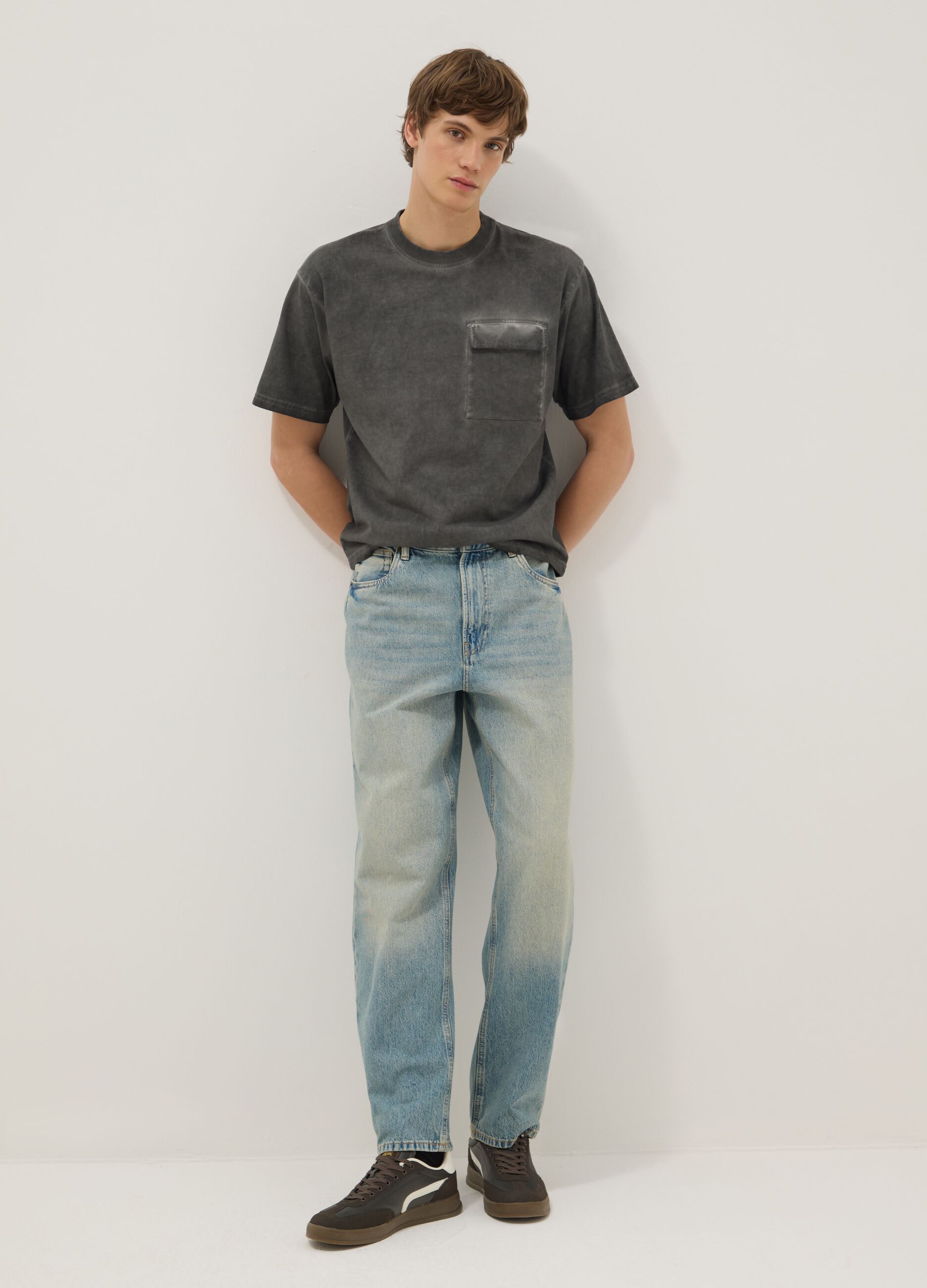Grey pure cotton regular fit T-shirt with pocket