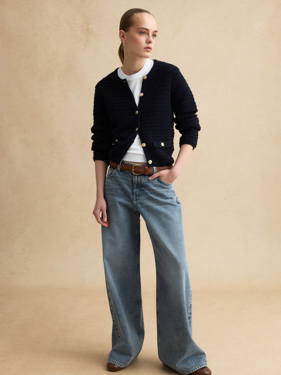Blue pure cotton regular fit cardigan with gold buttons_1