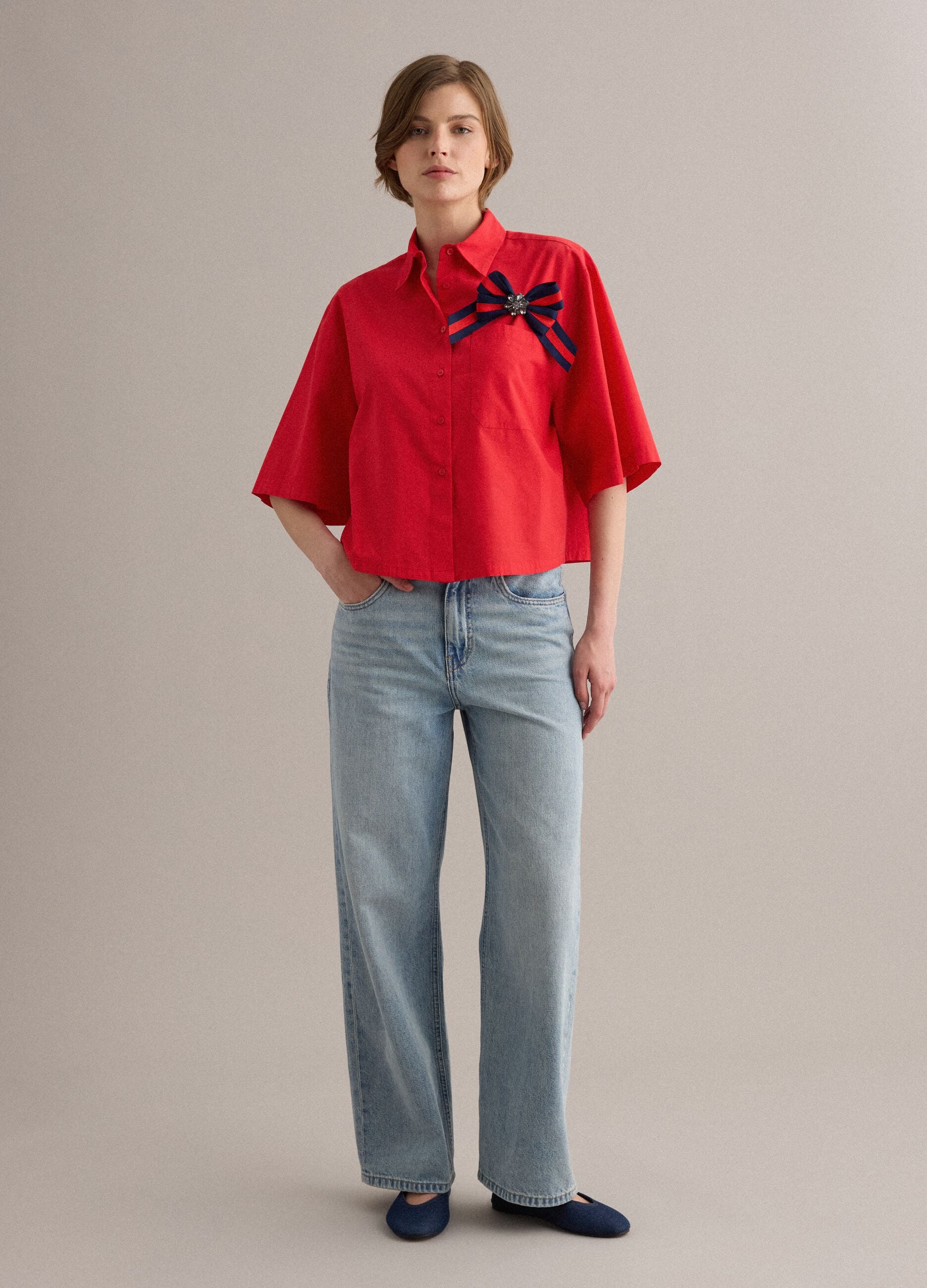 Red pure cotton shirt with chest pocket, oversized fit