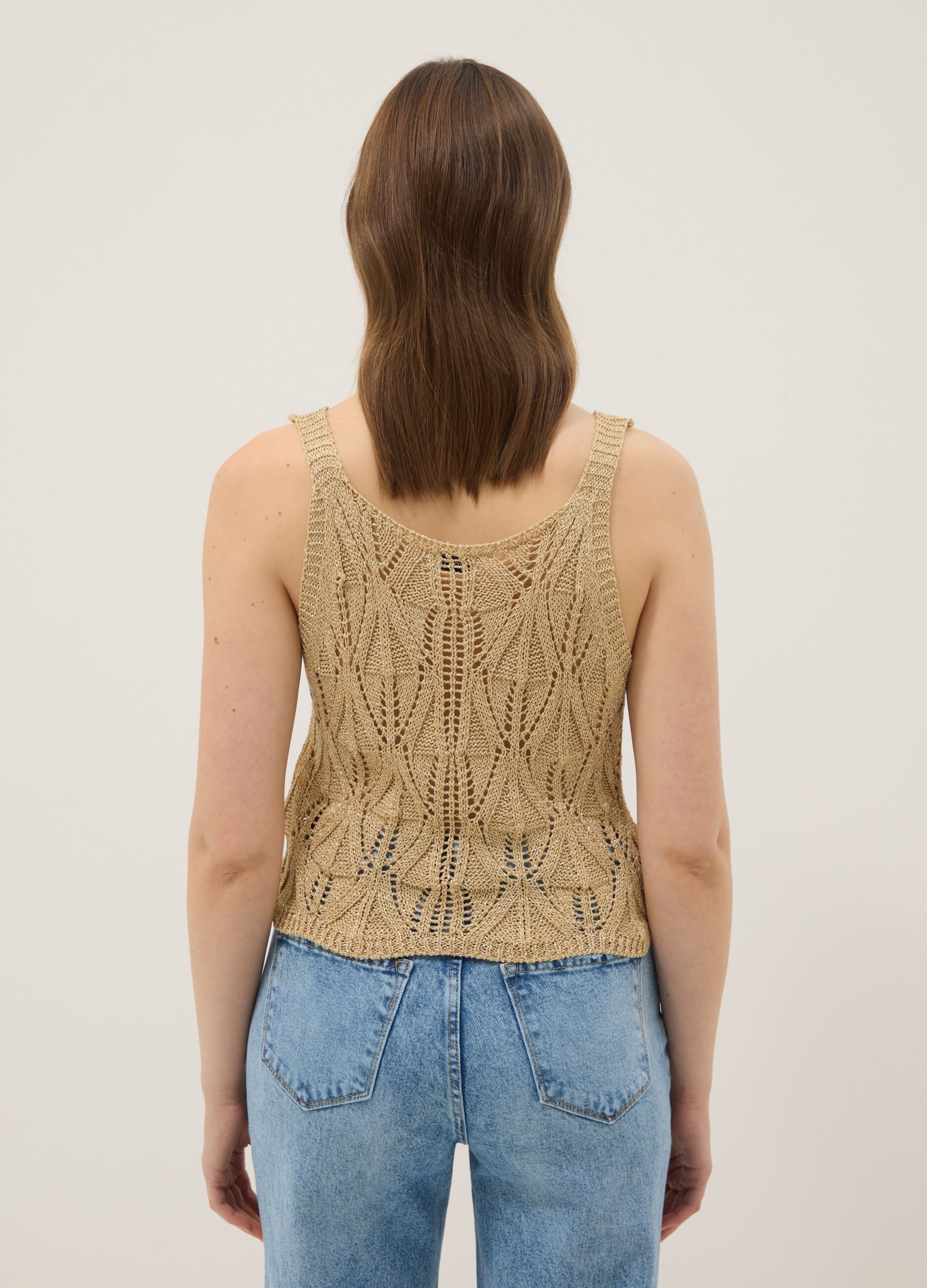 Beige open-knit viscose-blend top, regular fit