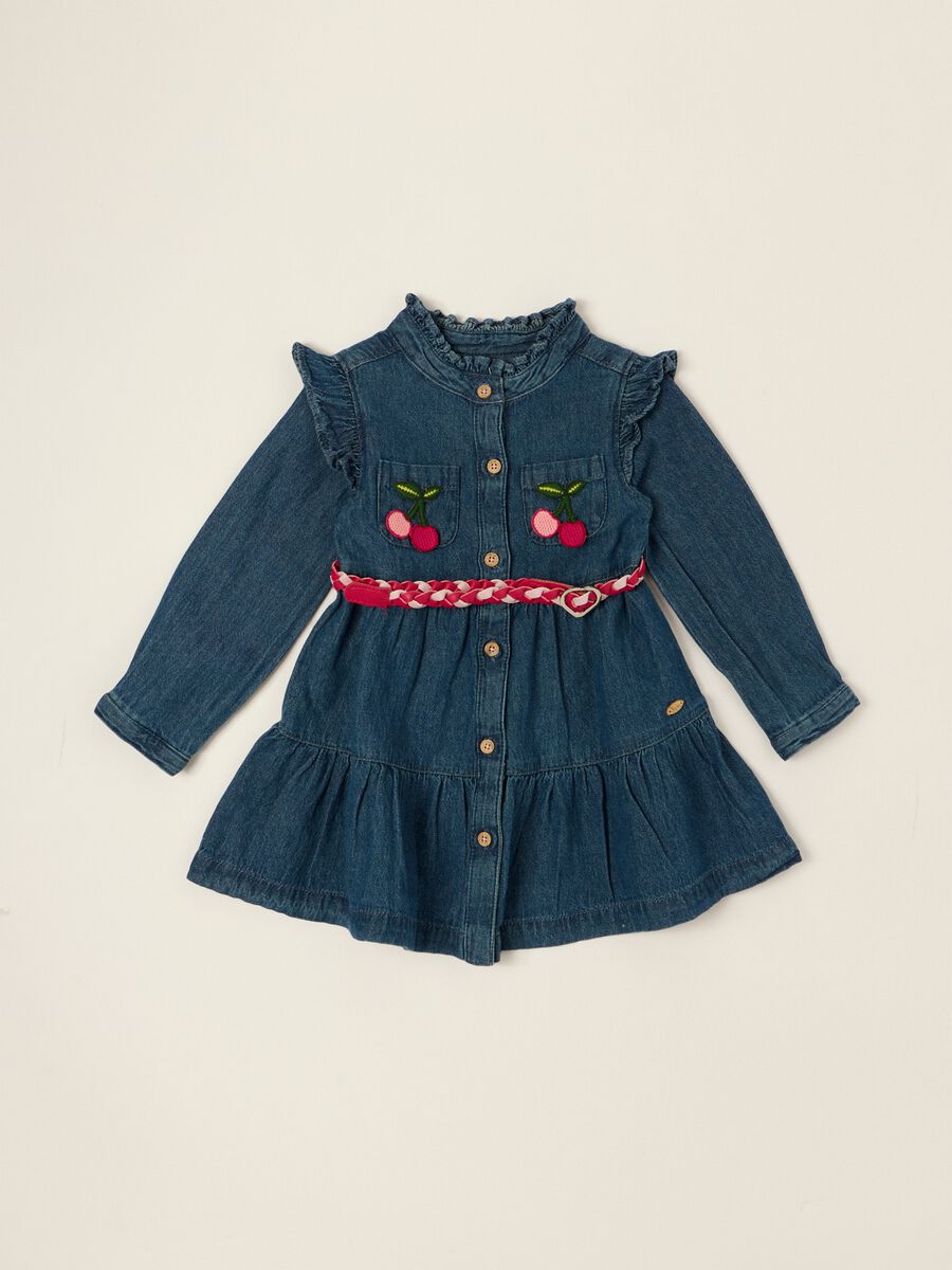 Baby girls&rsquo; pure cotton denim dress with cherry embroidery_0