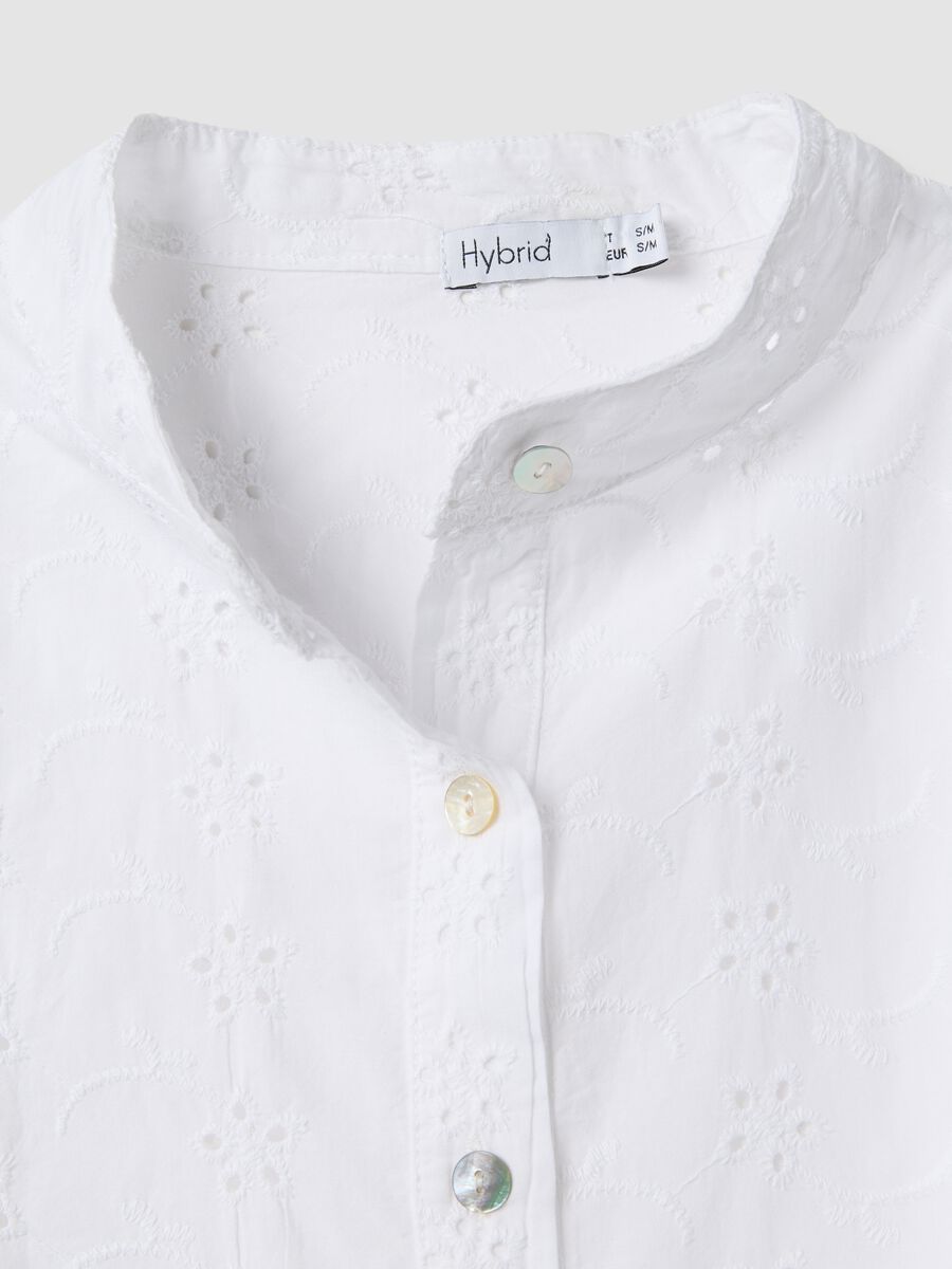 White pure cotton broderie anglaise shirt with band collar, regular fit_5