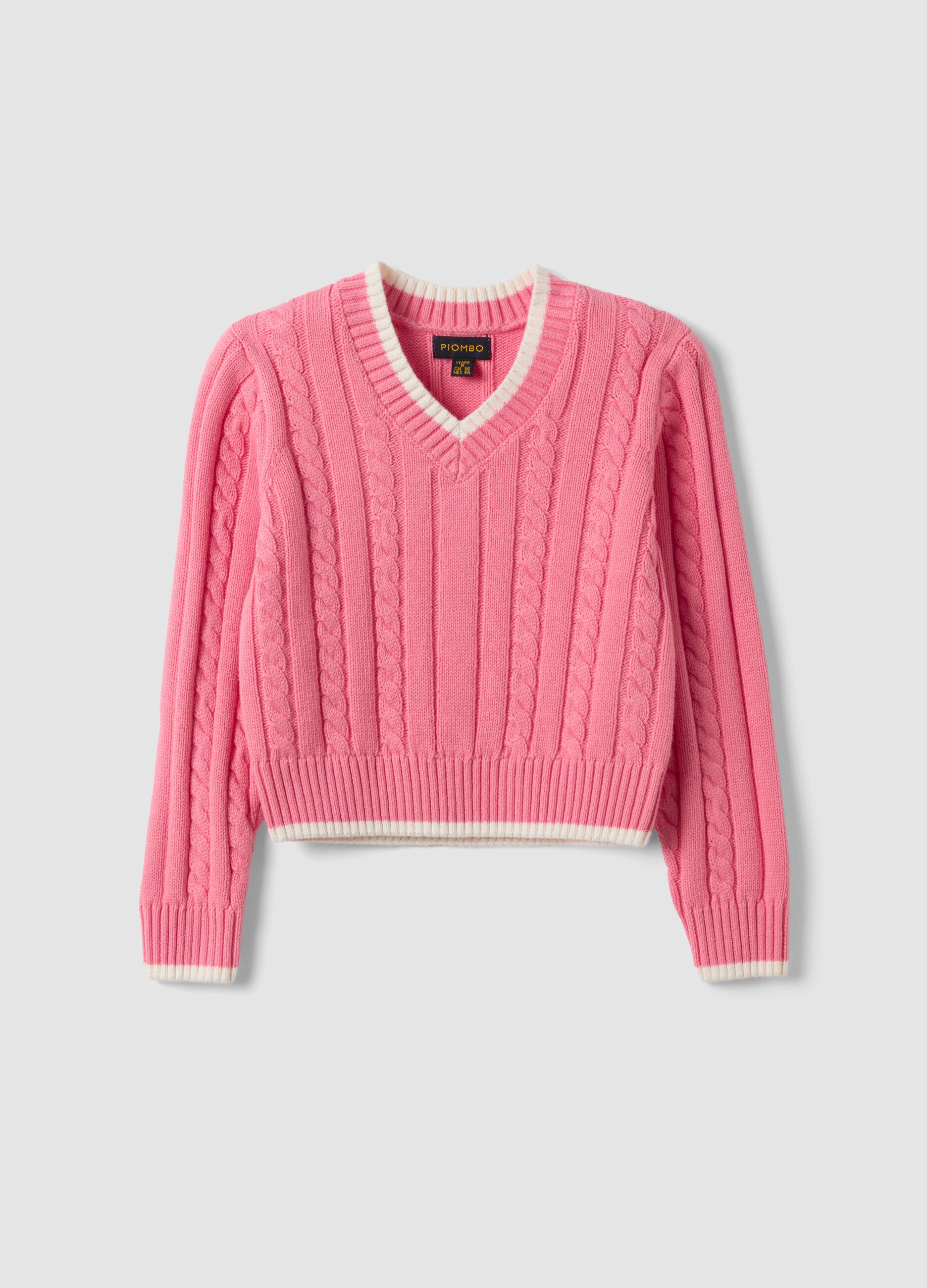 Pink pure cotton cable-knit V-neck jumper for girls