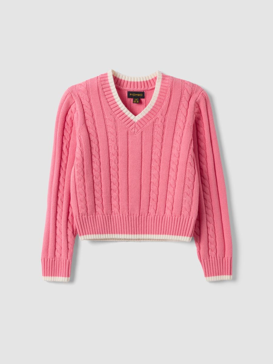 Pink pure cotton cable-knit V-neck jumper for girls_3