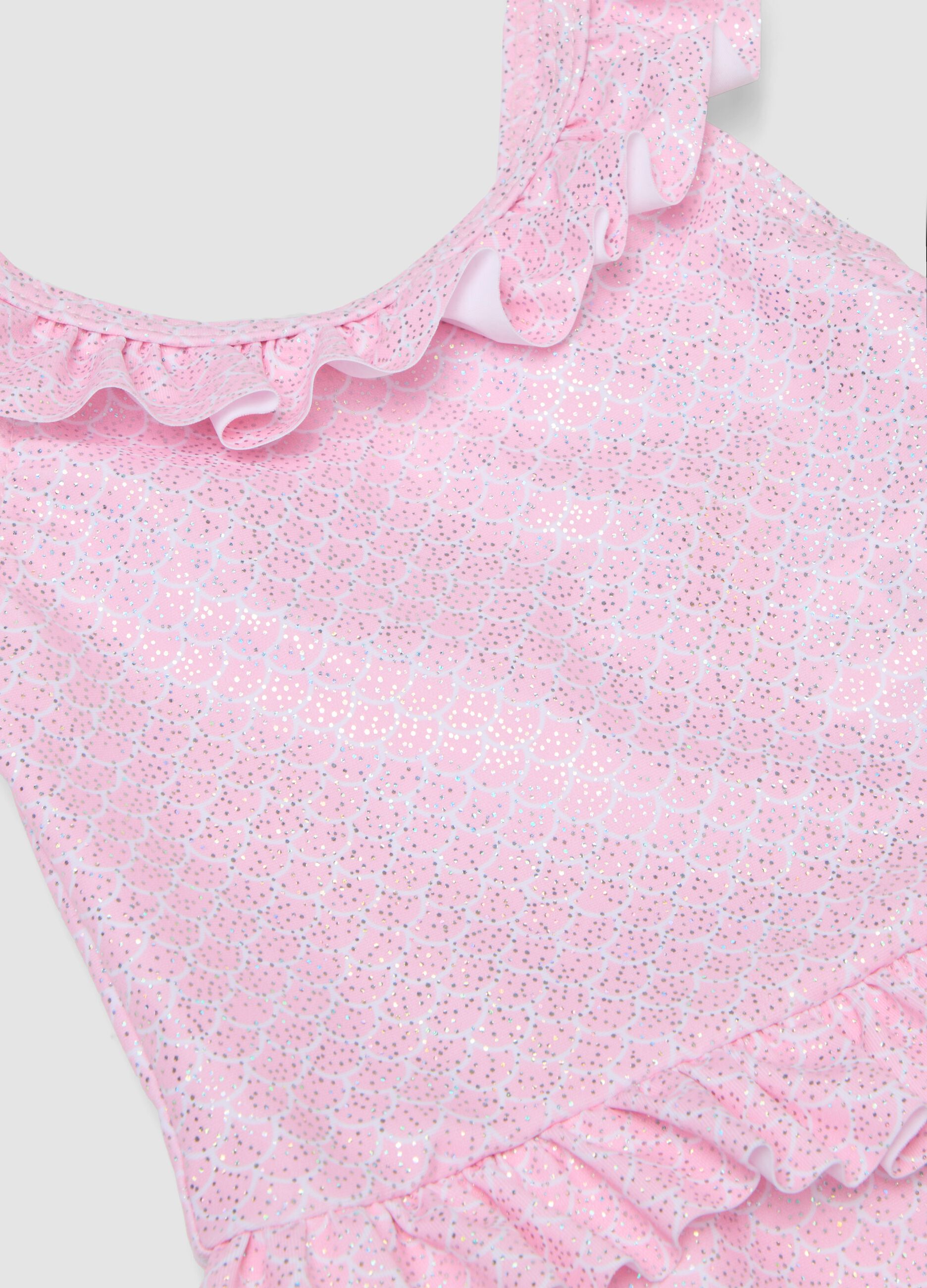 Pink stretch swimsuit with ruffles for baby girls