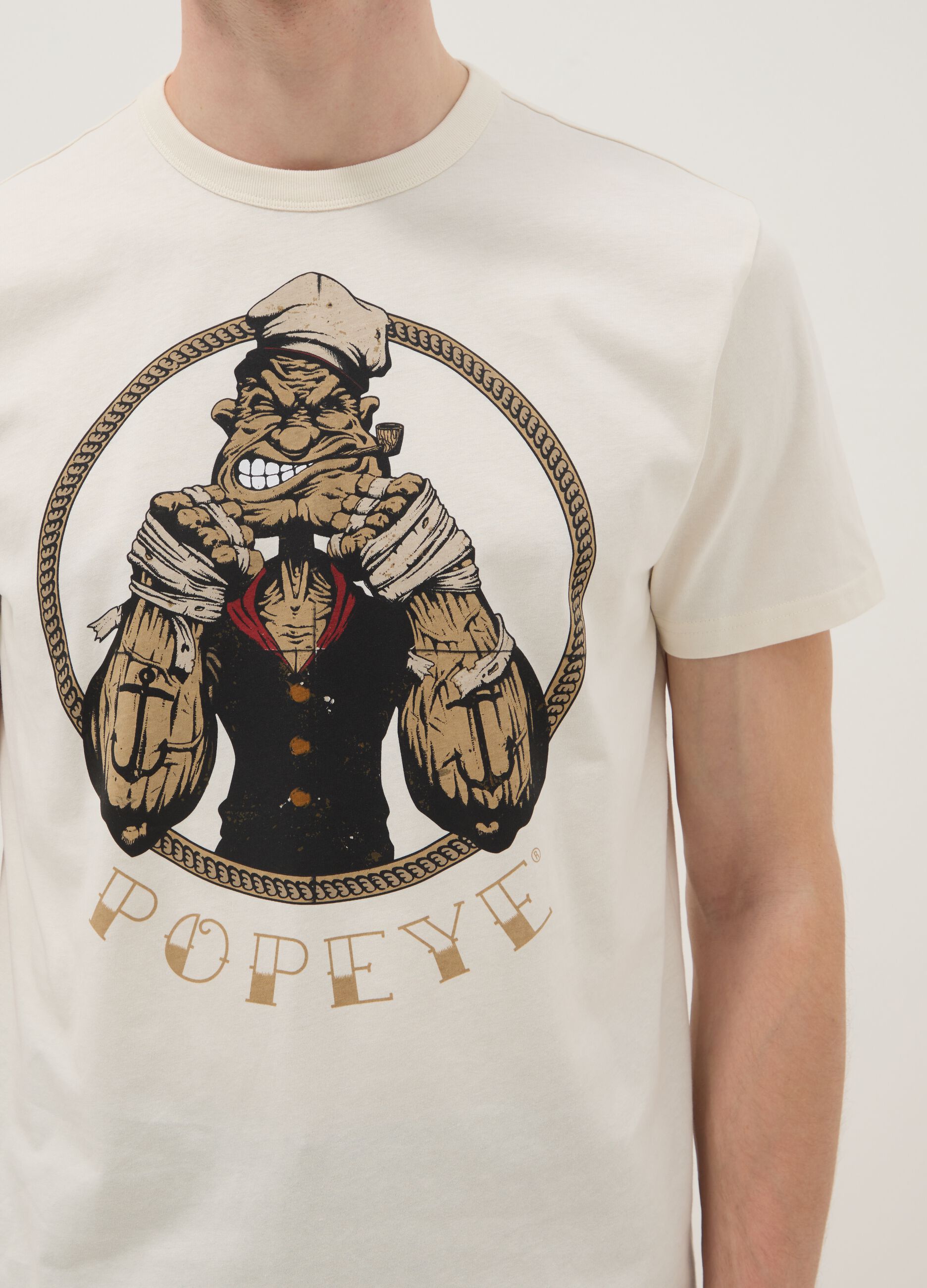 Beige regular fit pure cotton t-shirt with Popeye print