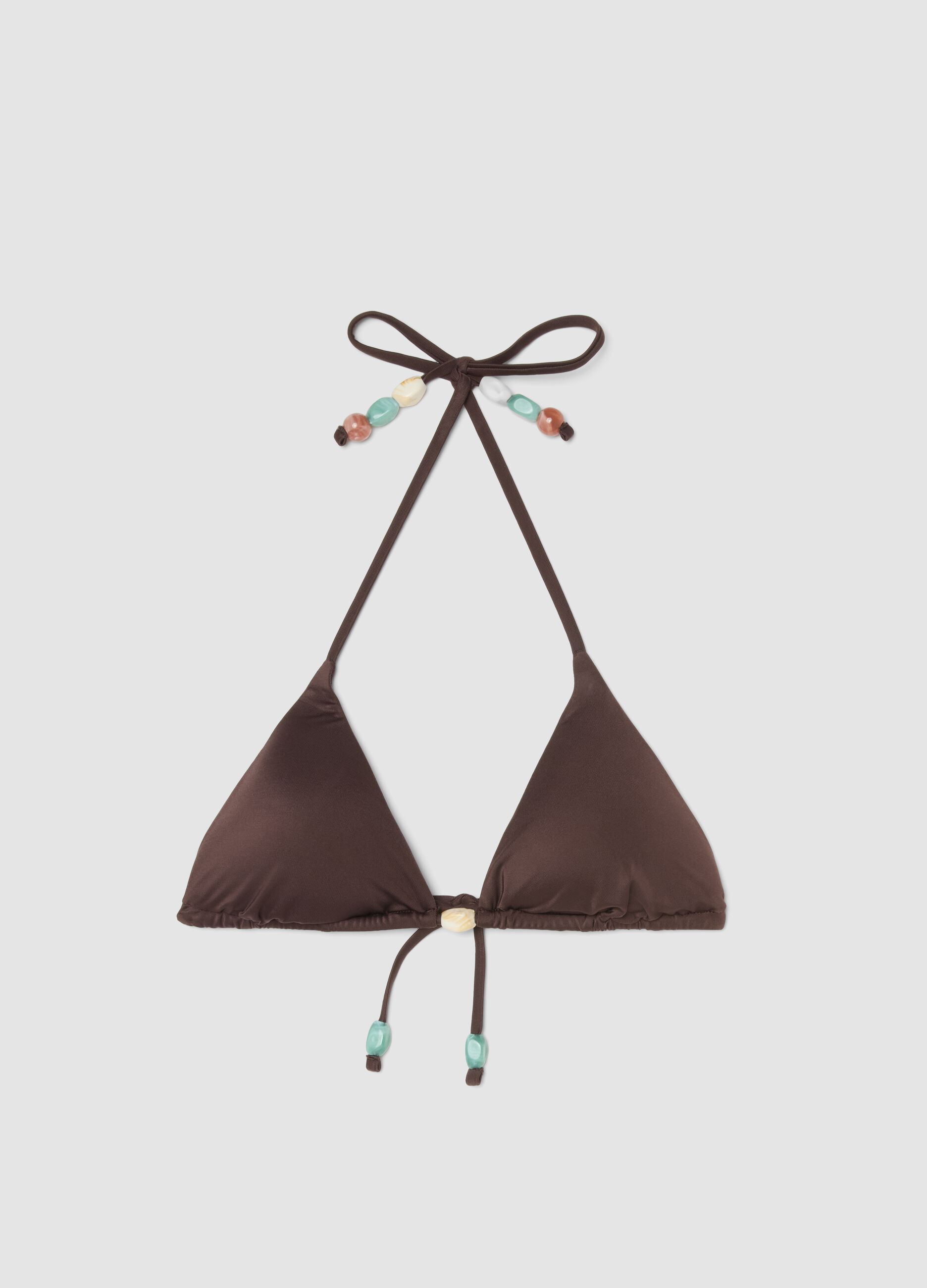 Bikini a triangolo in tessuto elasticizzato marrone con pietre