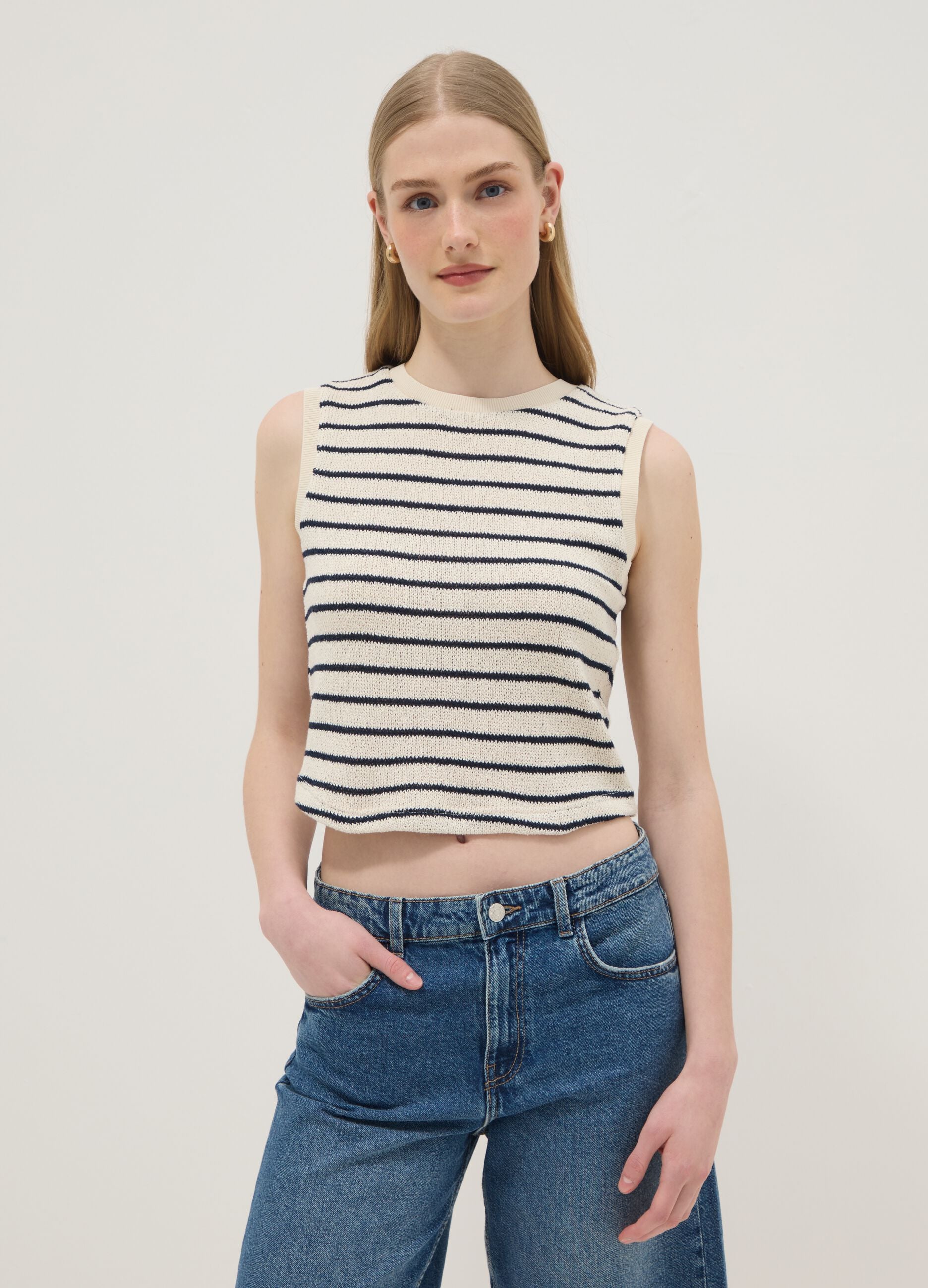 Regular-fit striped cotton-blend gilet in black and white