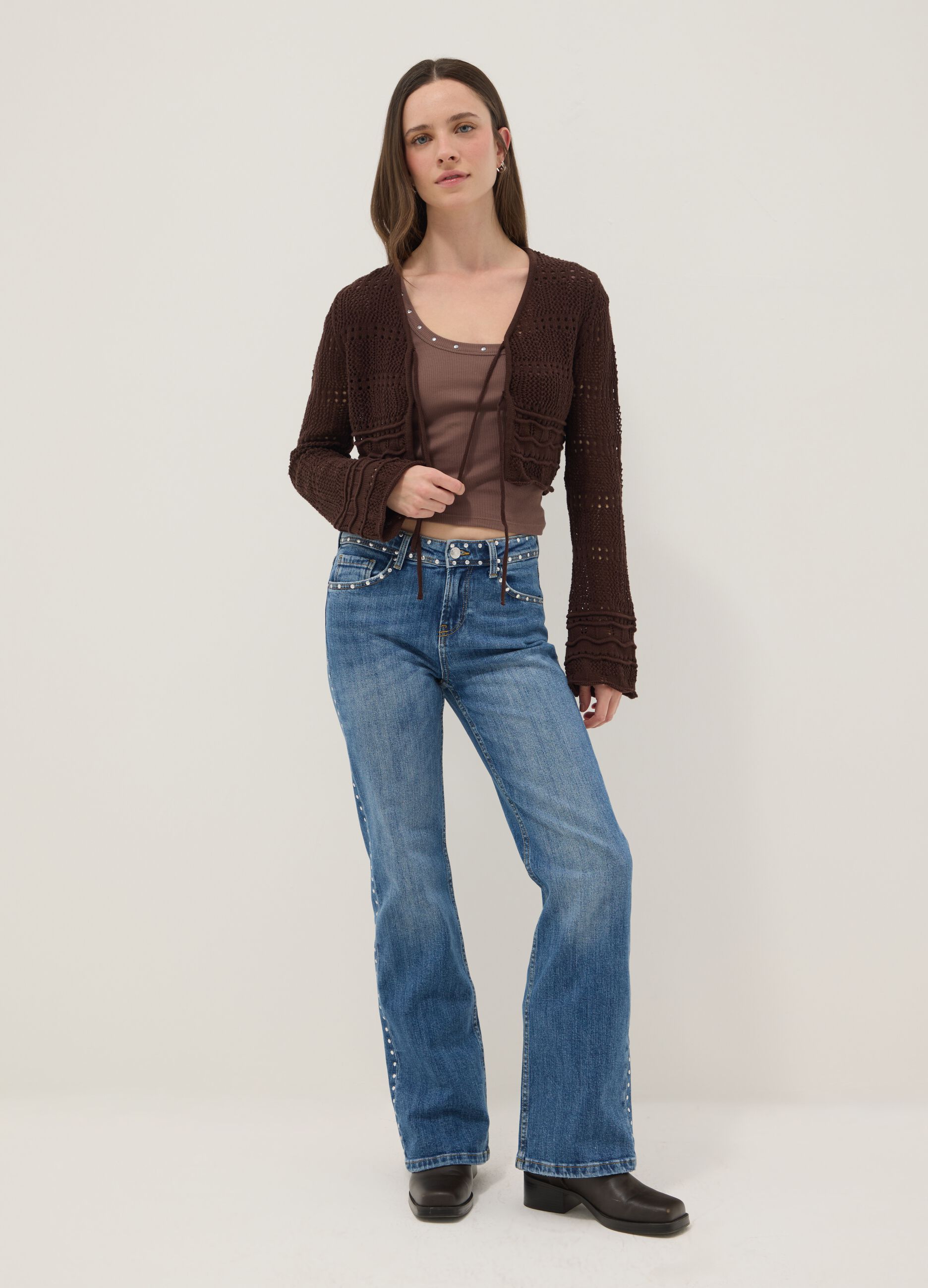 Cardigan deep V in crochet di puro cotone marrone regular fit