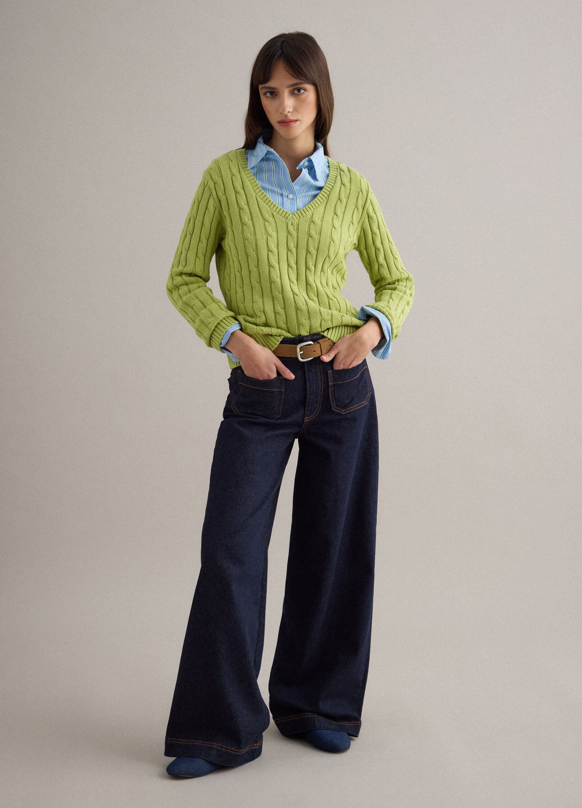 Green pure cotton regular fit cable knit jumper