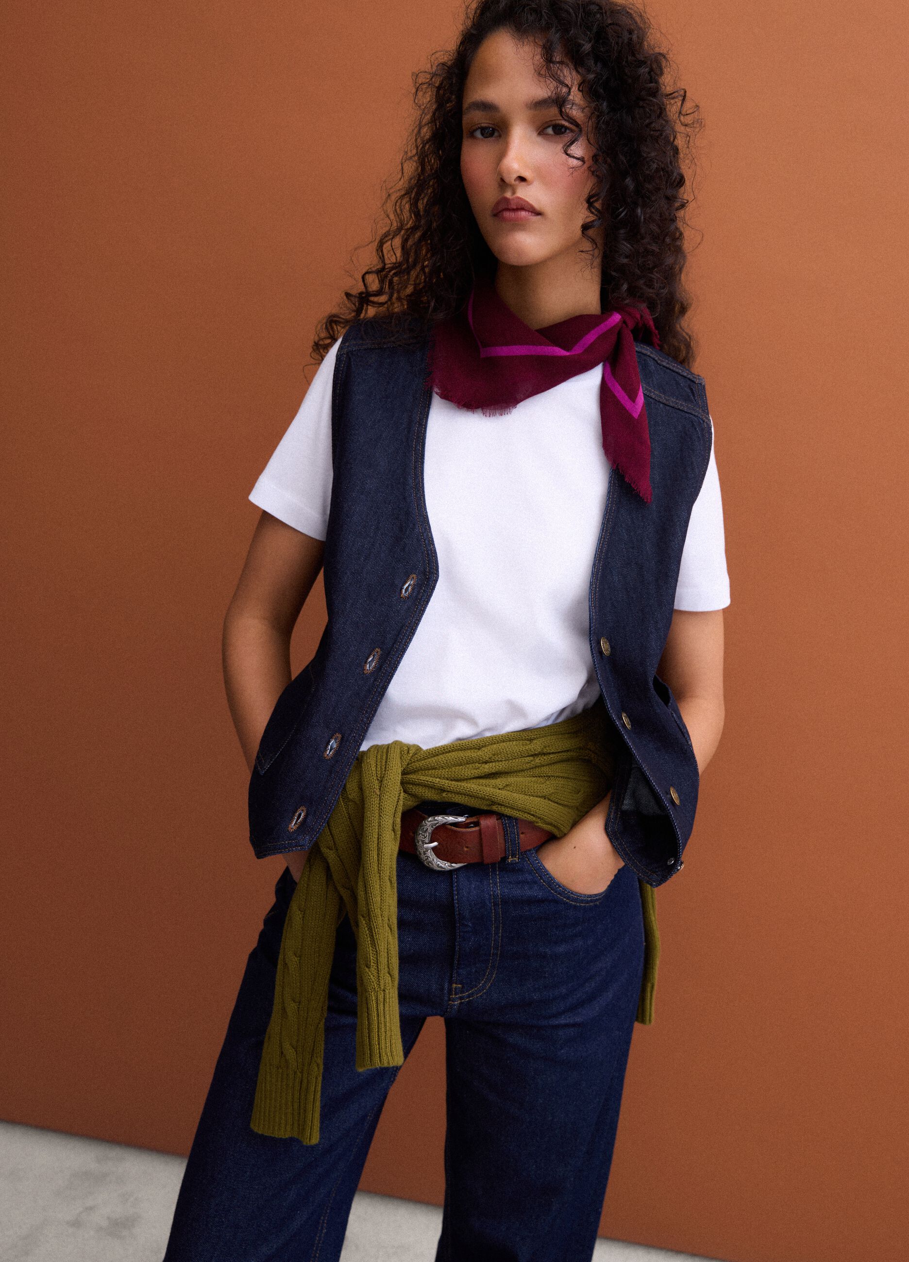 Blue pure cotton denim waistcoat with buttons, regular fit