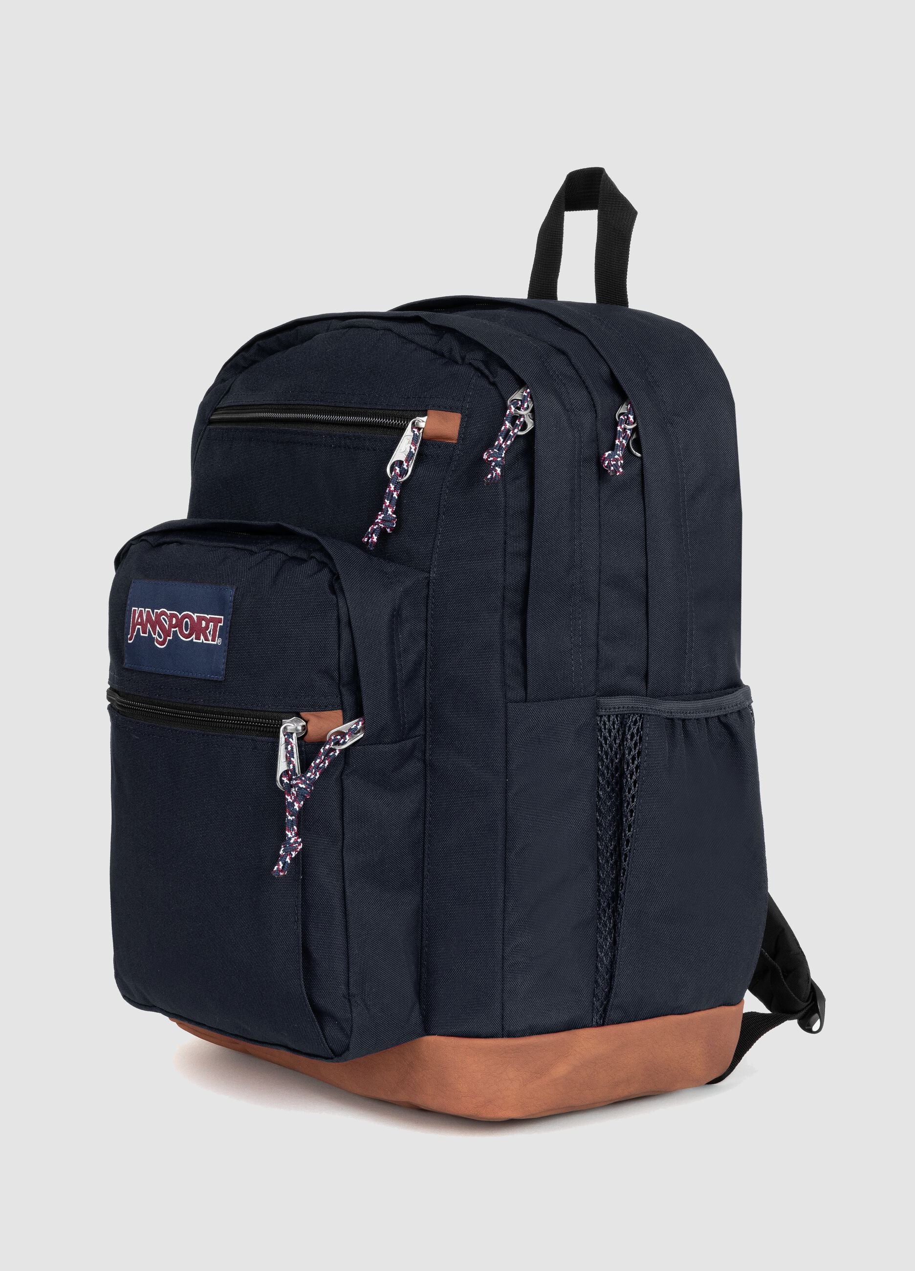Blue backpack with brown base and external pockets