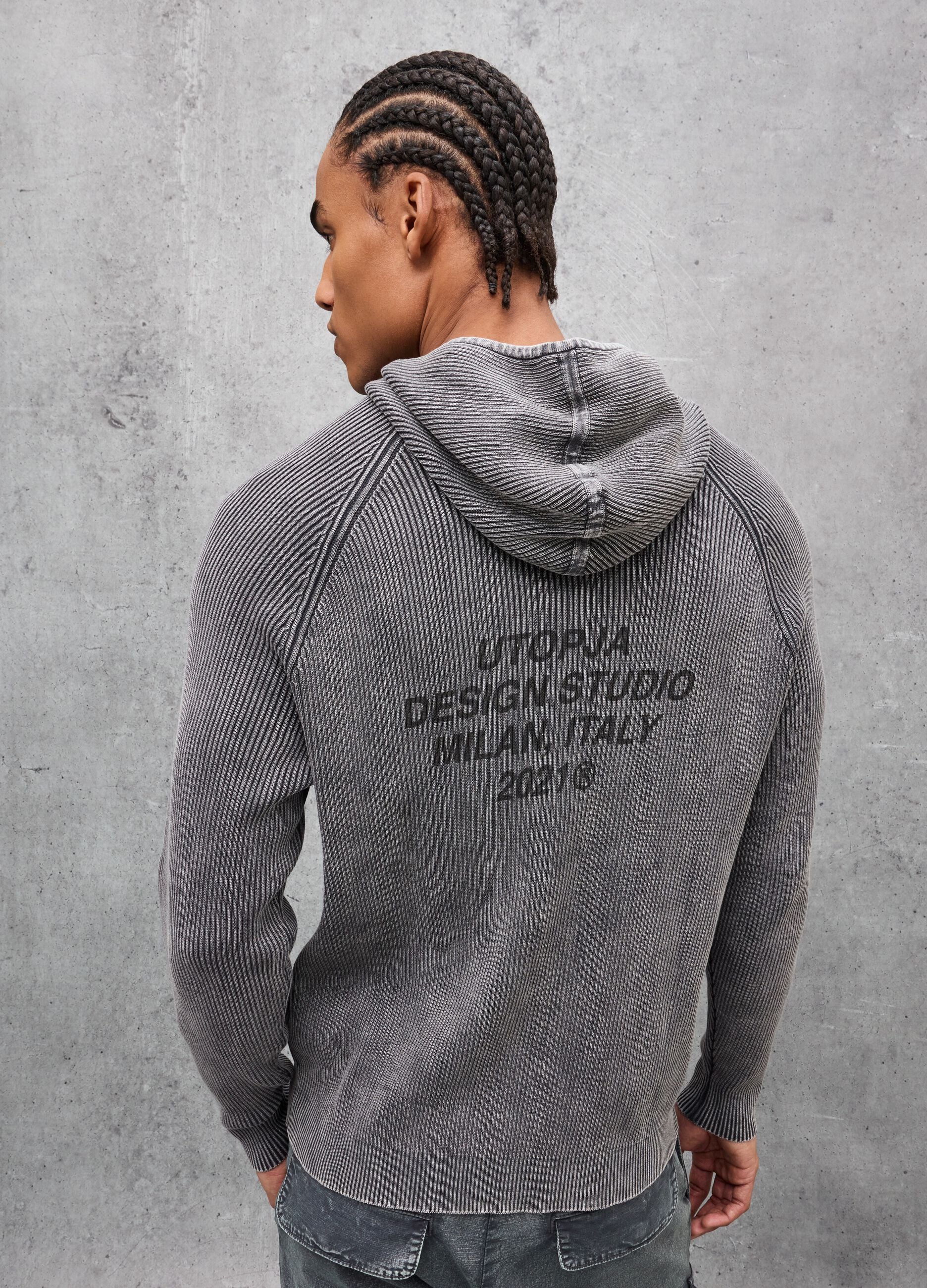 Knit Ribbed Hoodie Washed Grey