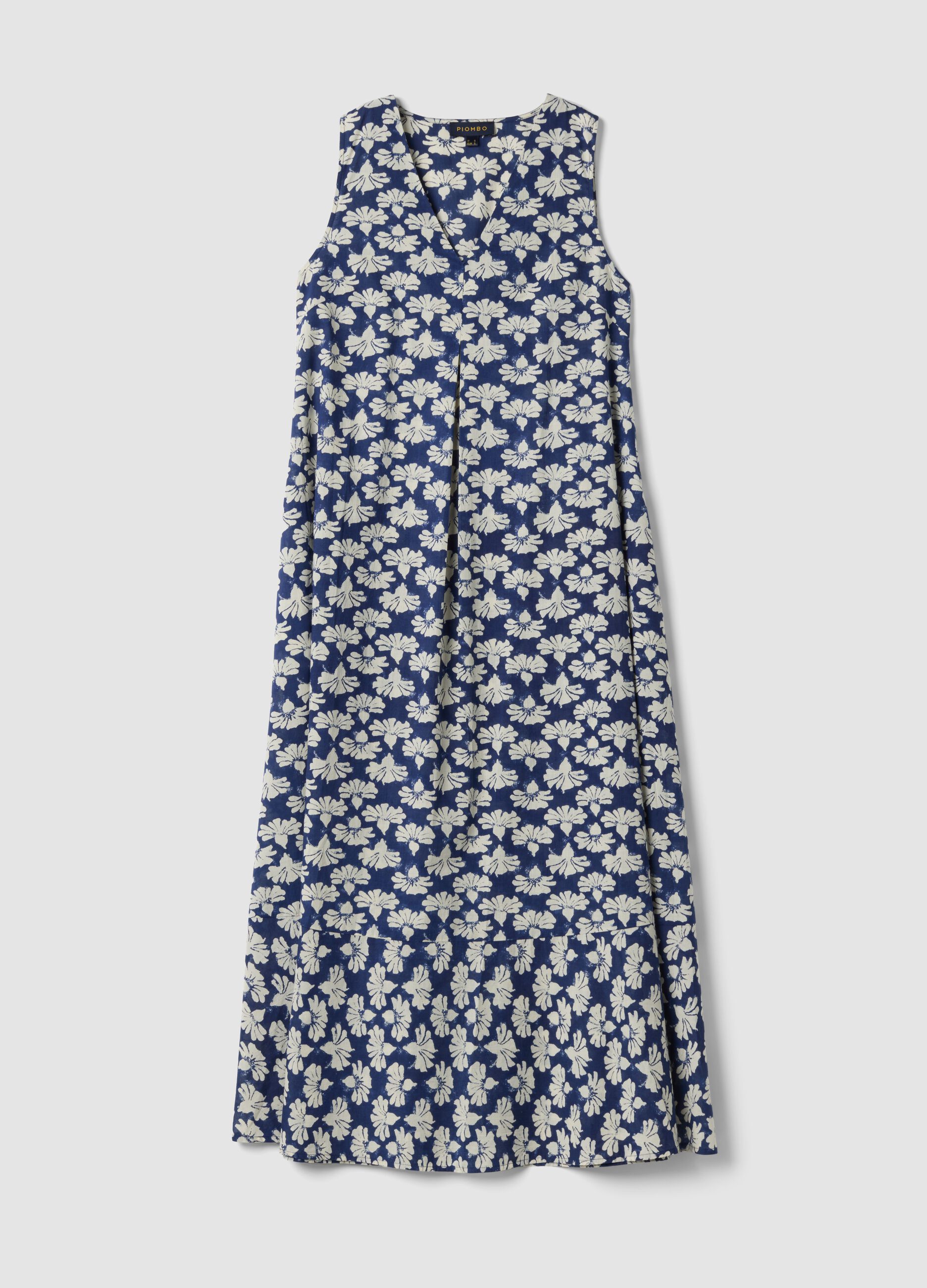 Blue pure cotton maxi dress with V-neck and floral print