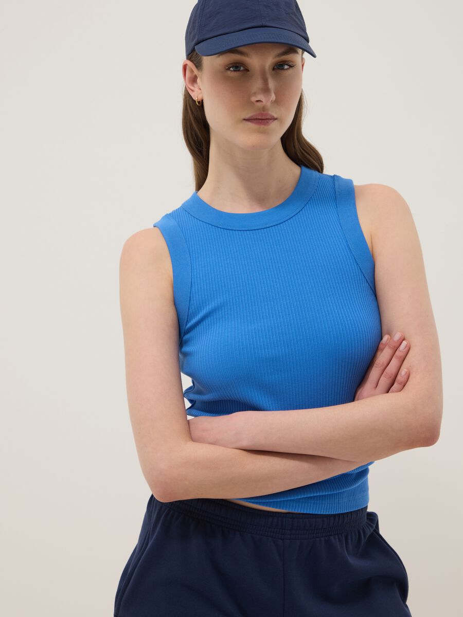 Tank top blu in cotone elasticizzato a costine fitted_0