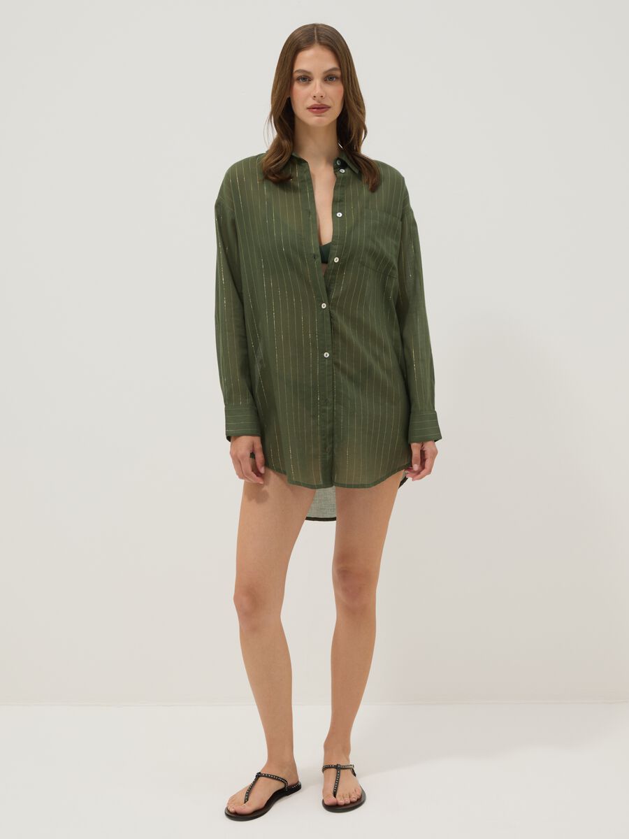 Green cotton-blend kaftan with gold stripes_0