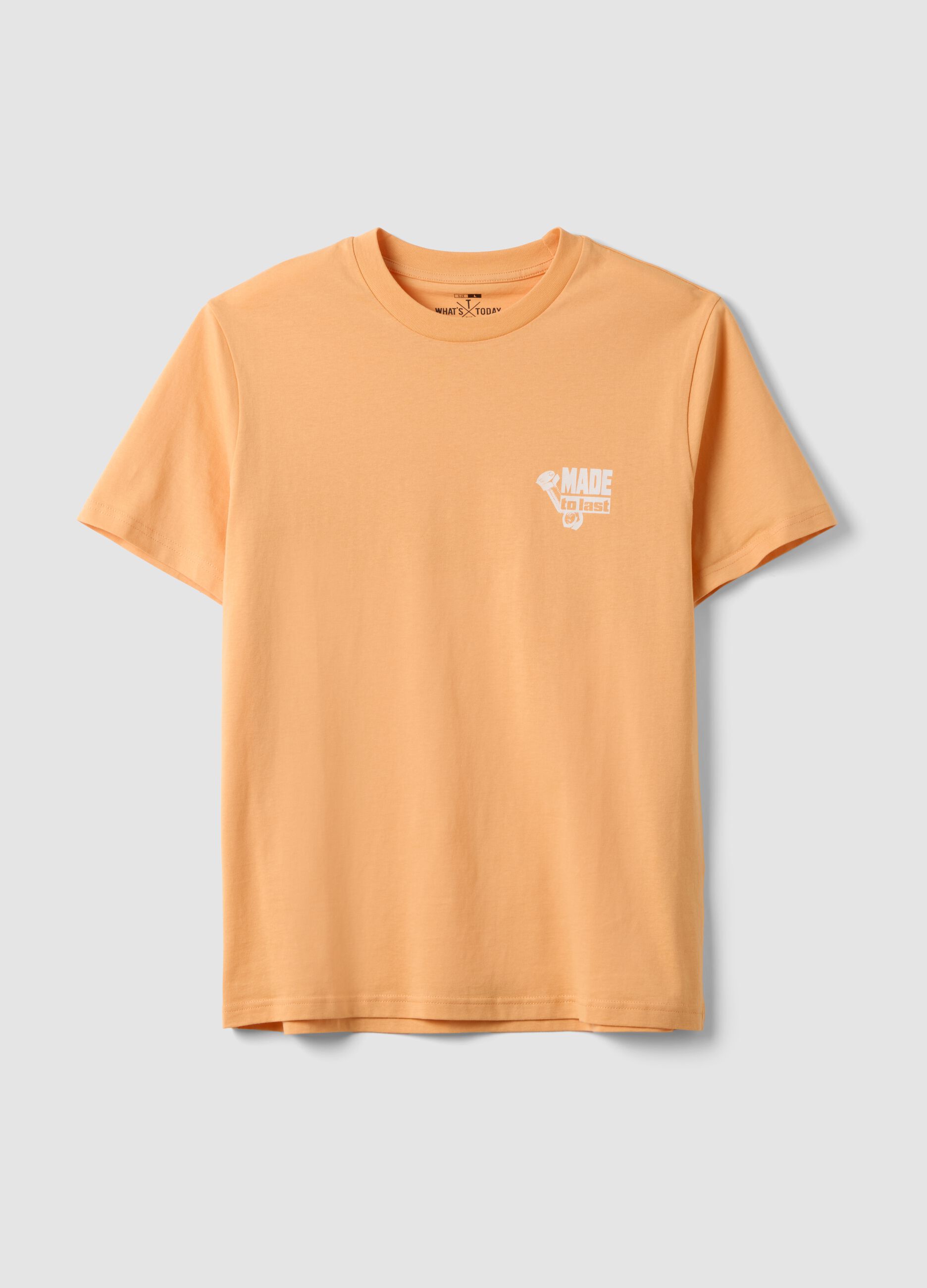 Orange pure cotton jersey T-shirt with chest print, regular fit