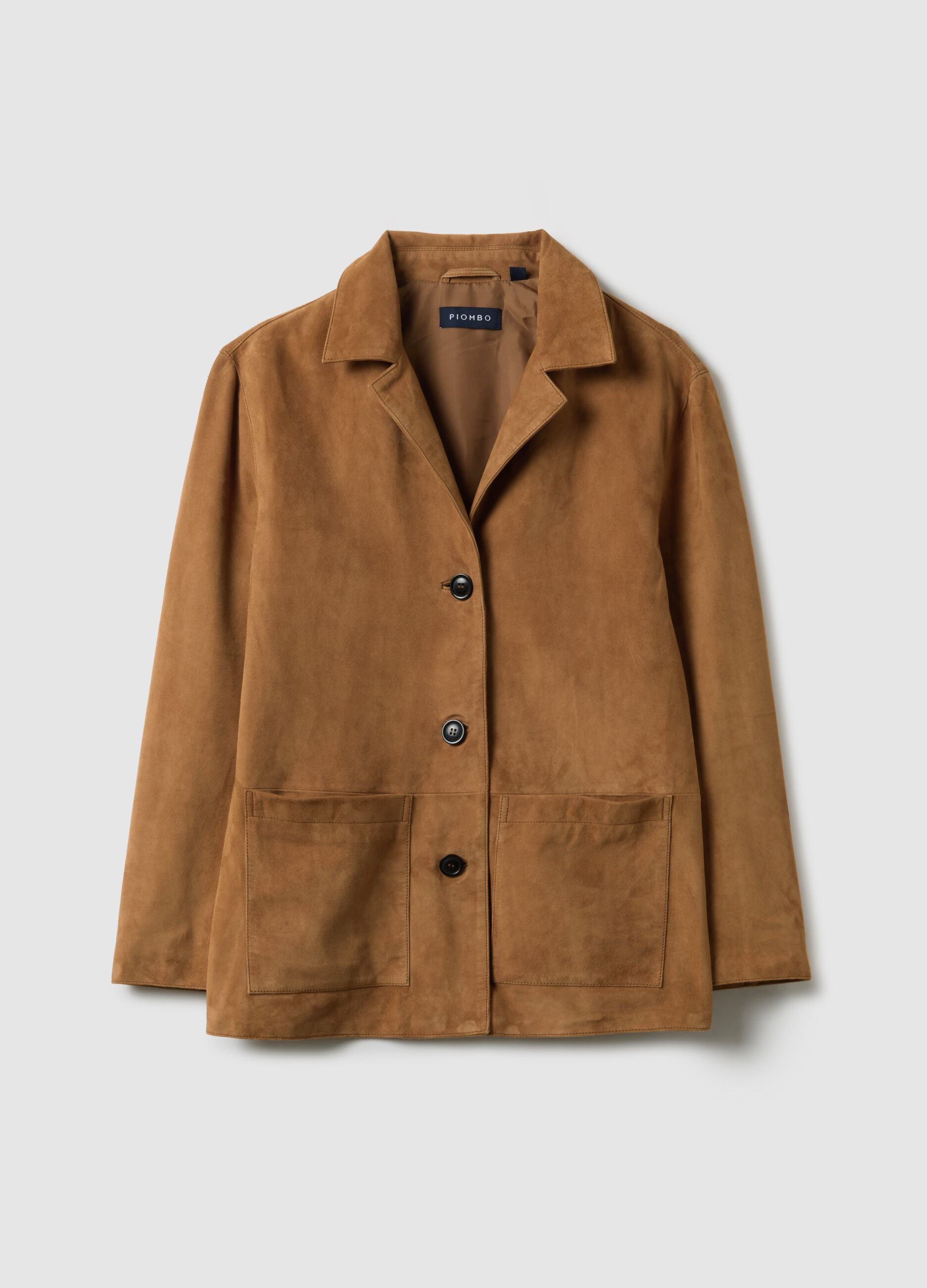 Brown genuine leather regular fit blazer with buttons