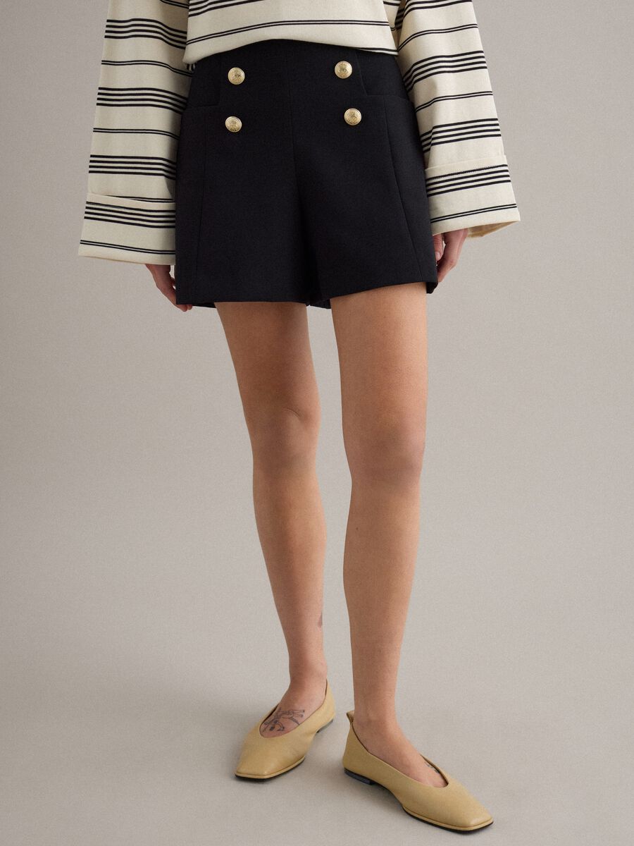Black regular fit shorts with high waist and gold buttons_1