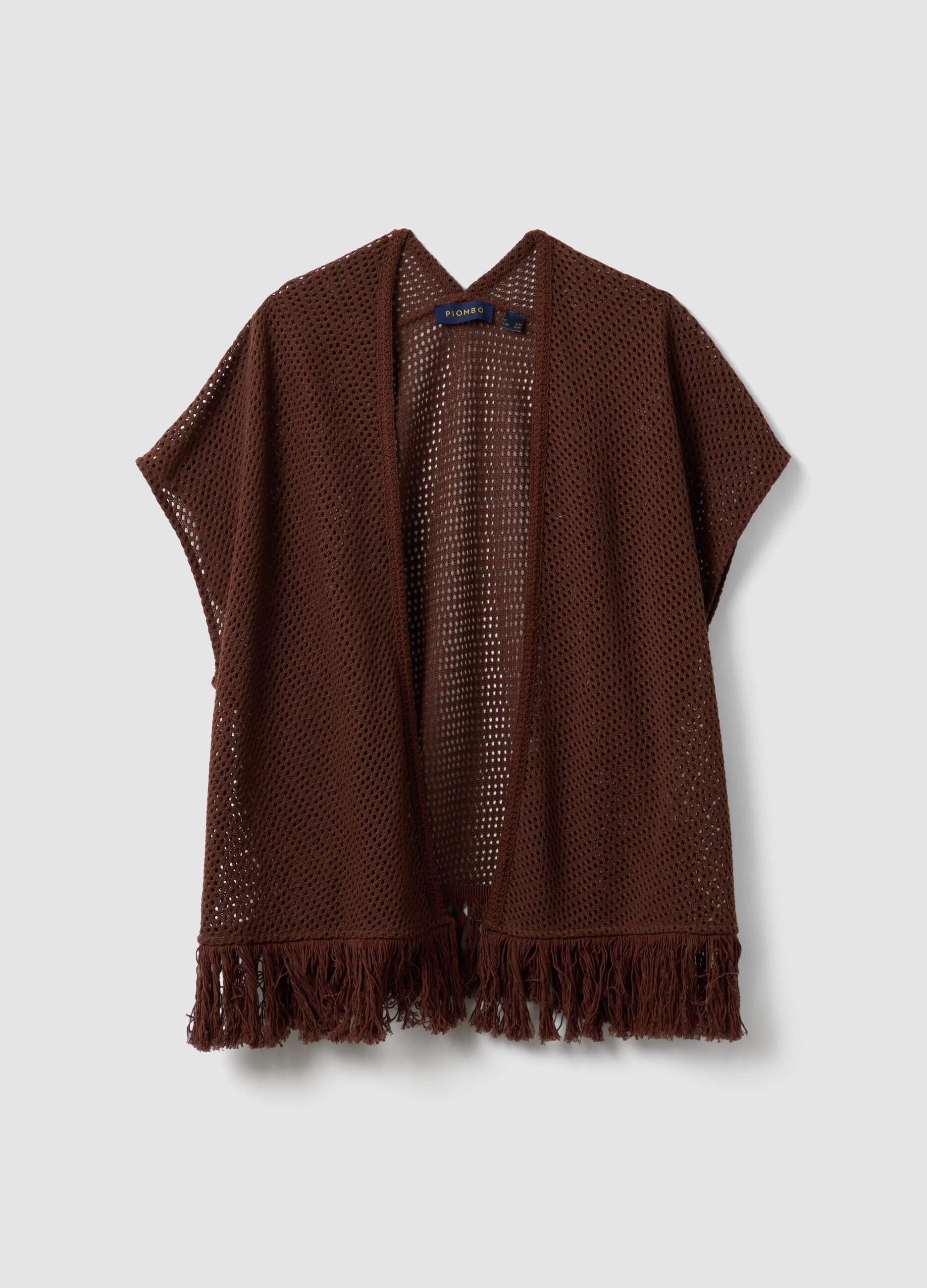 Brown crochet viscose-blend fringed cardigan, regular fit