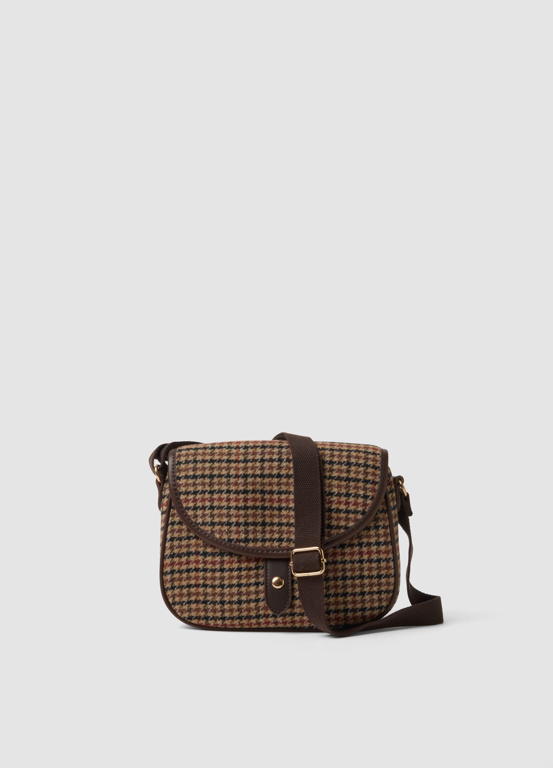 Brown wool- and viscose-blend crossbody bag with houndstooth pattern