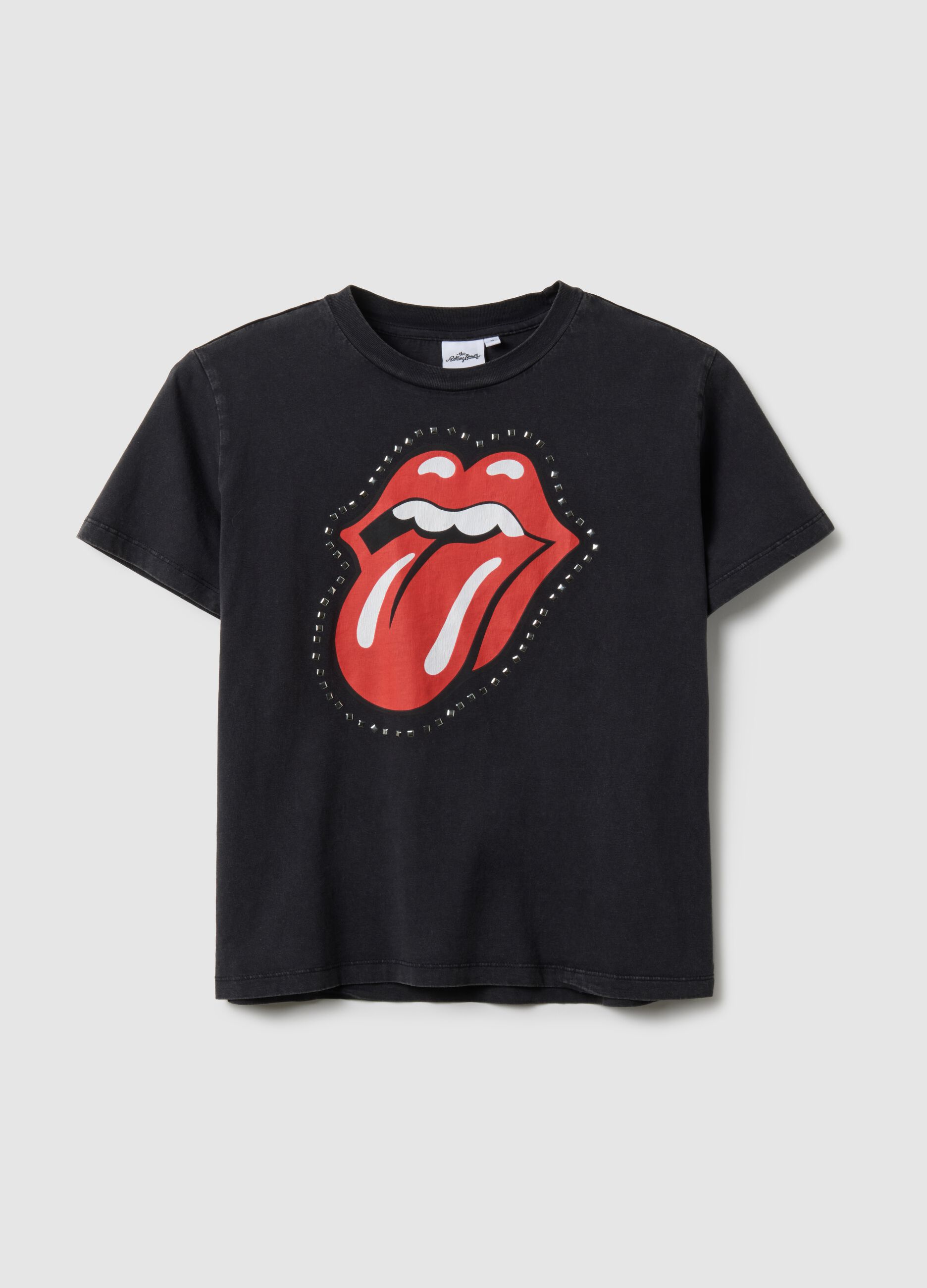 Black pure cotton regular fit T-shirt with Rolling Stones print