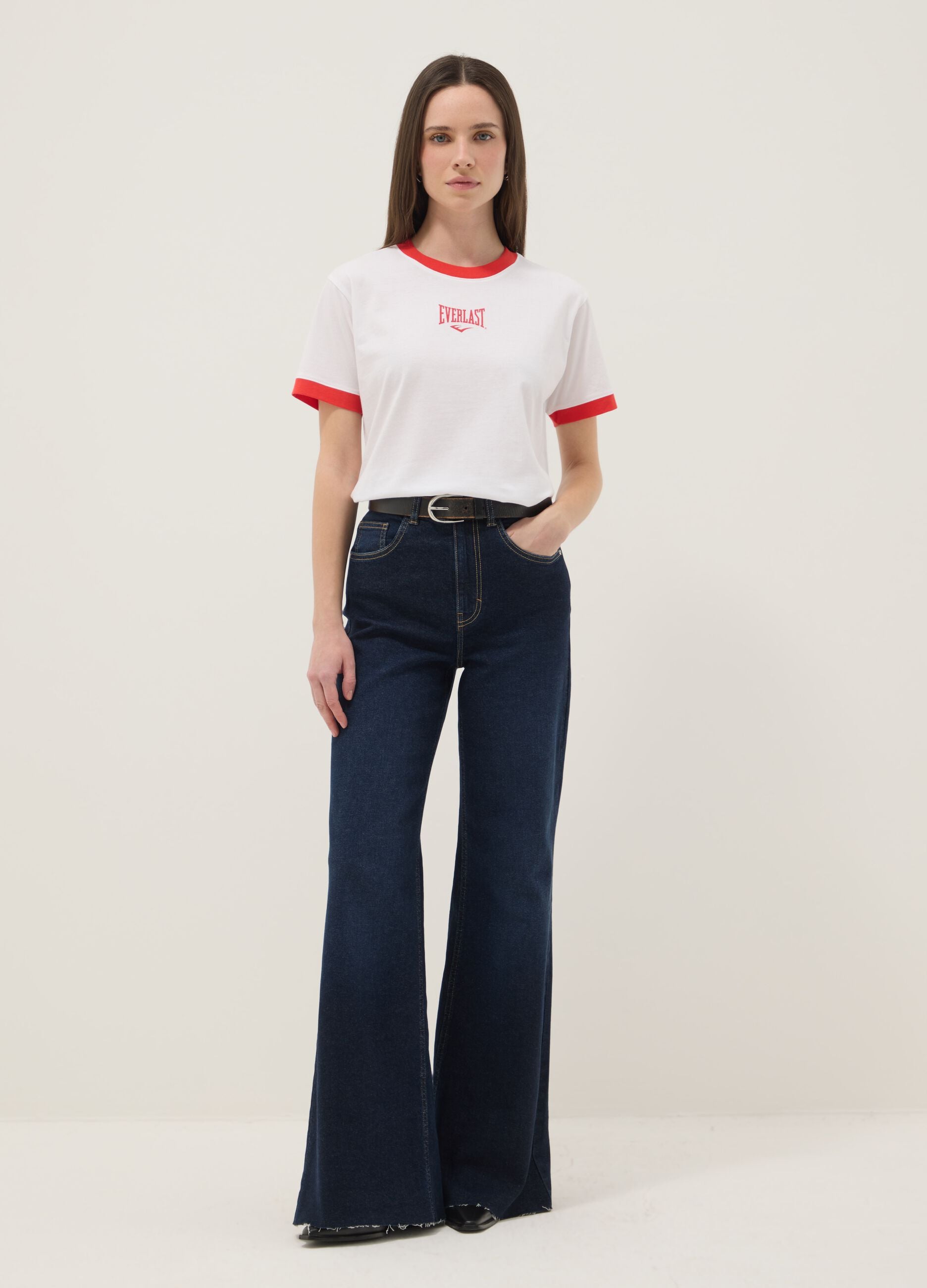 White pure cotton T-shirt regular fit with red trims