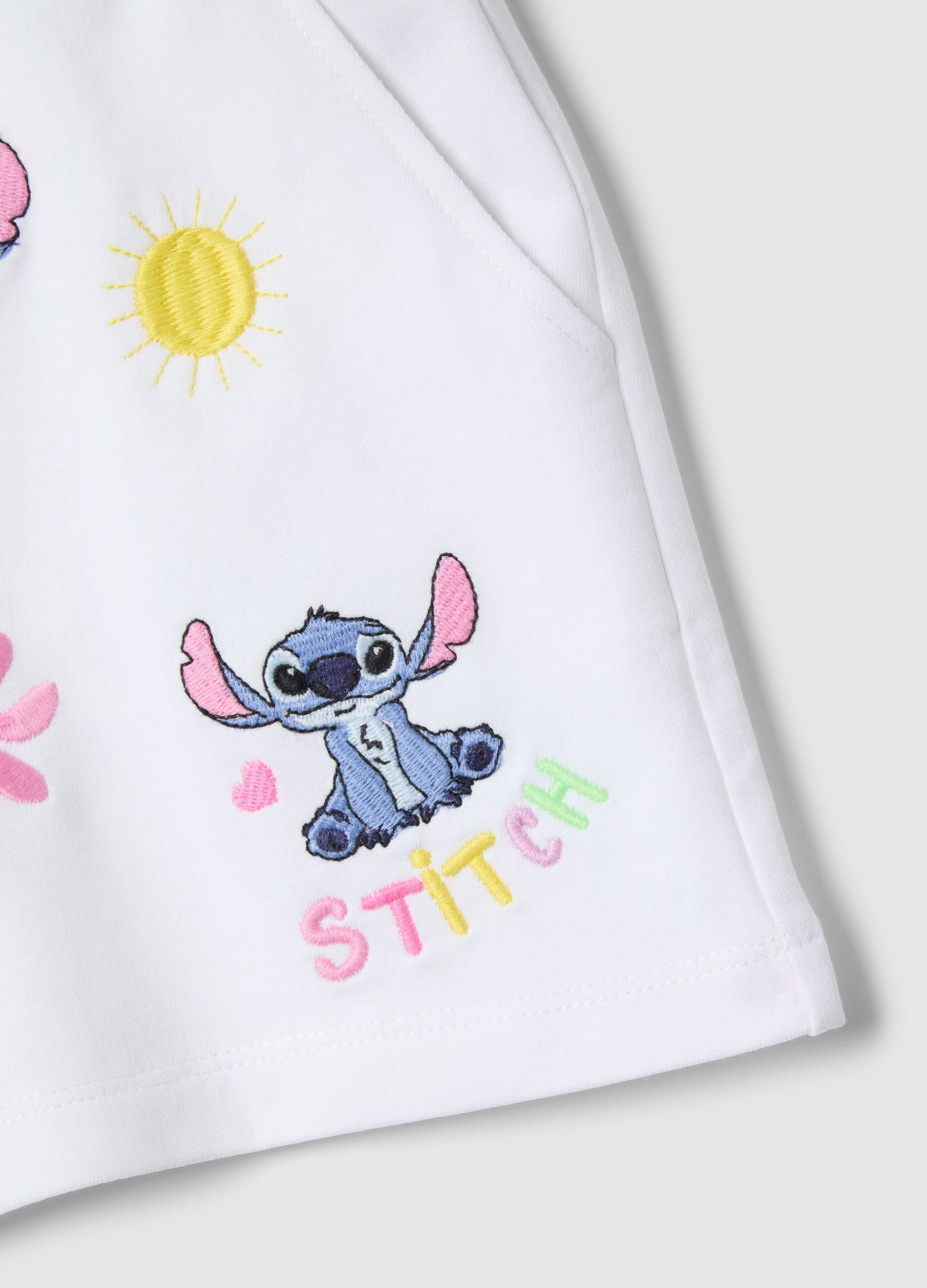 Girls' Regular Fit Pure White Cotton Shorts Featuring Stitch