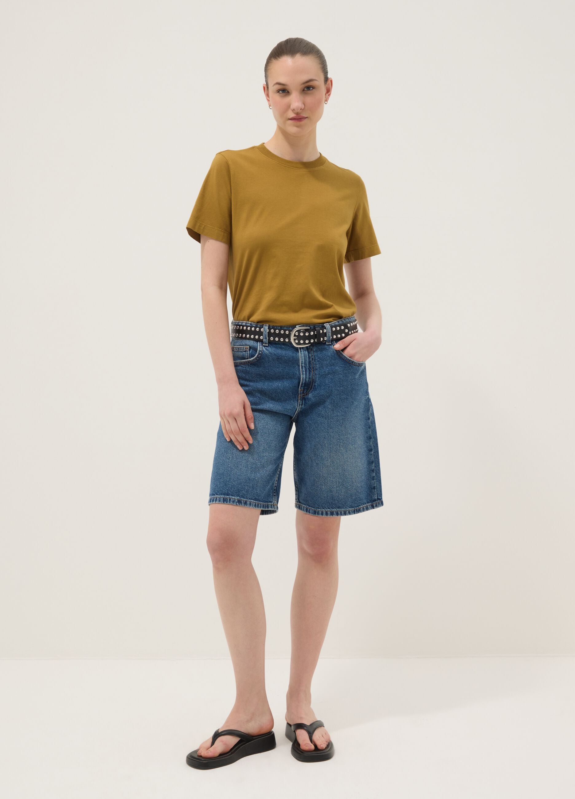 Brown short-sleeve pure cotton T-shirt, regular fit