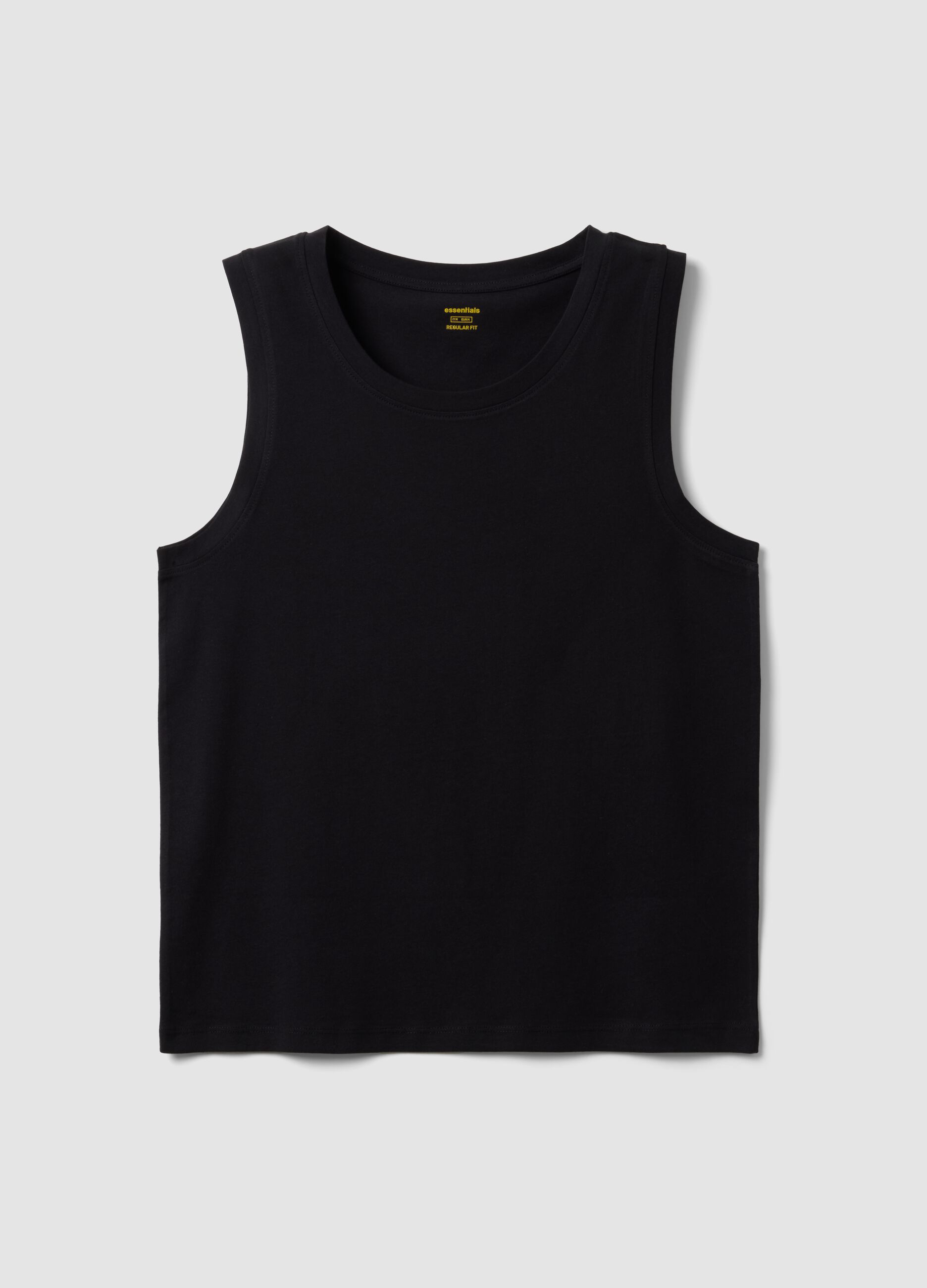 Black crew-neck cotton vest top, regular fit