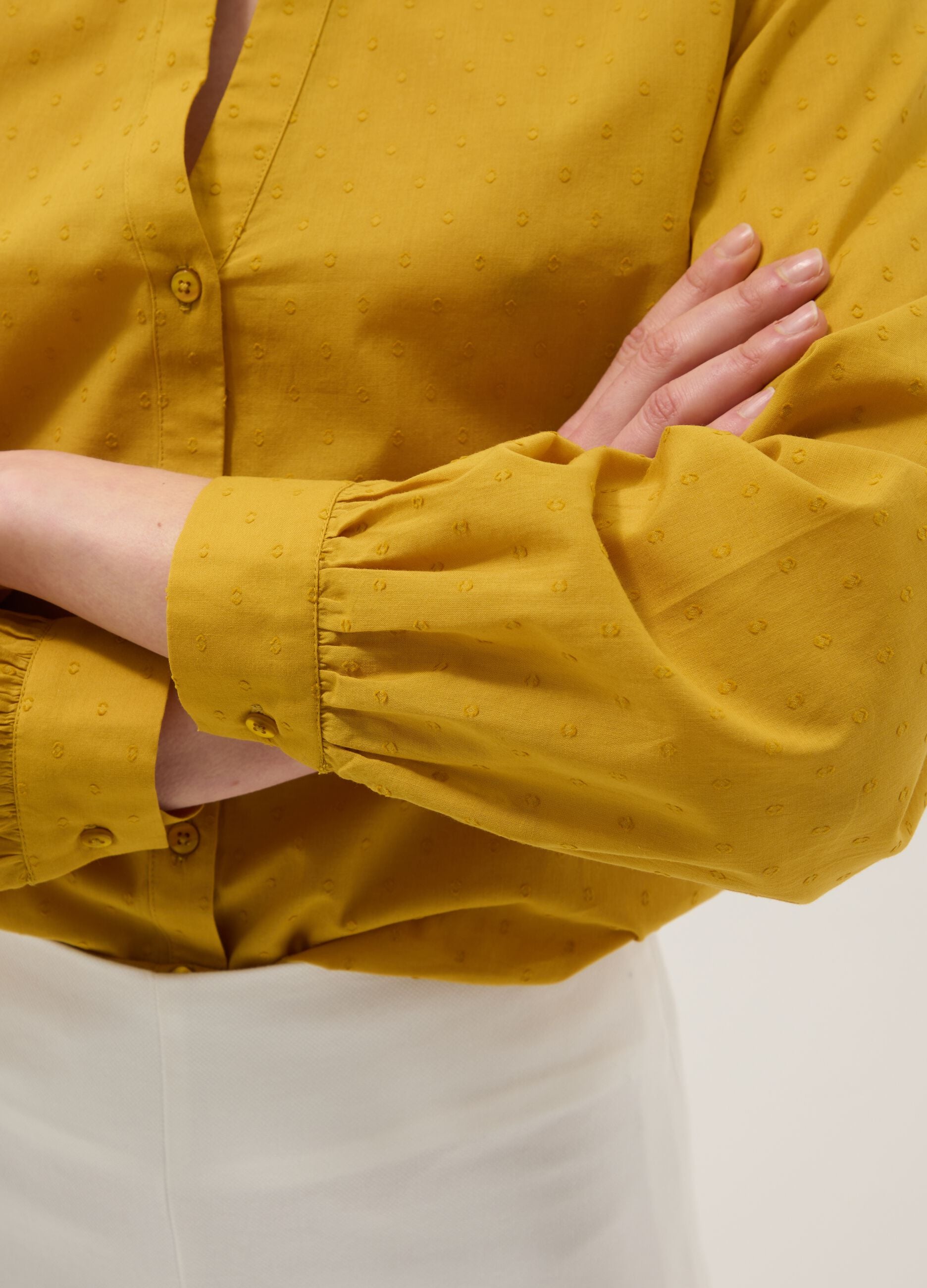 Yellow pure cotton regular fit deep V shirt with polka dots