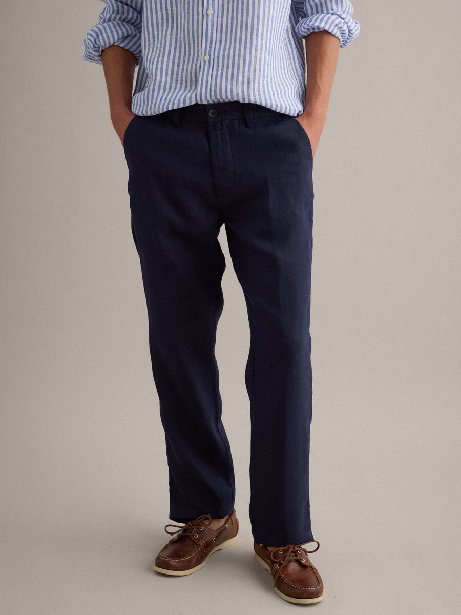 Pantaloni chino in puro lino blu regular fit_1