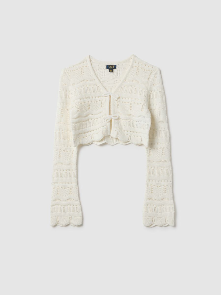 Girl's white pure cotton cardigan with regular fit, knit_3