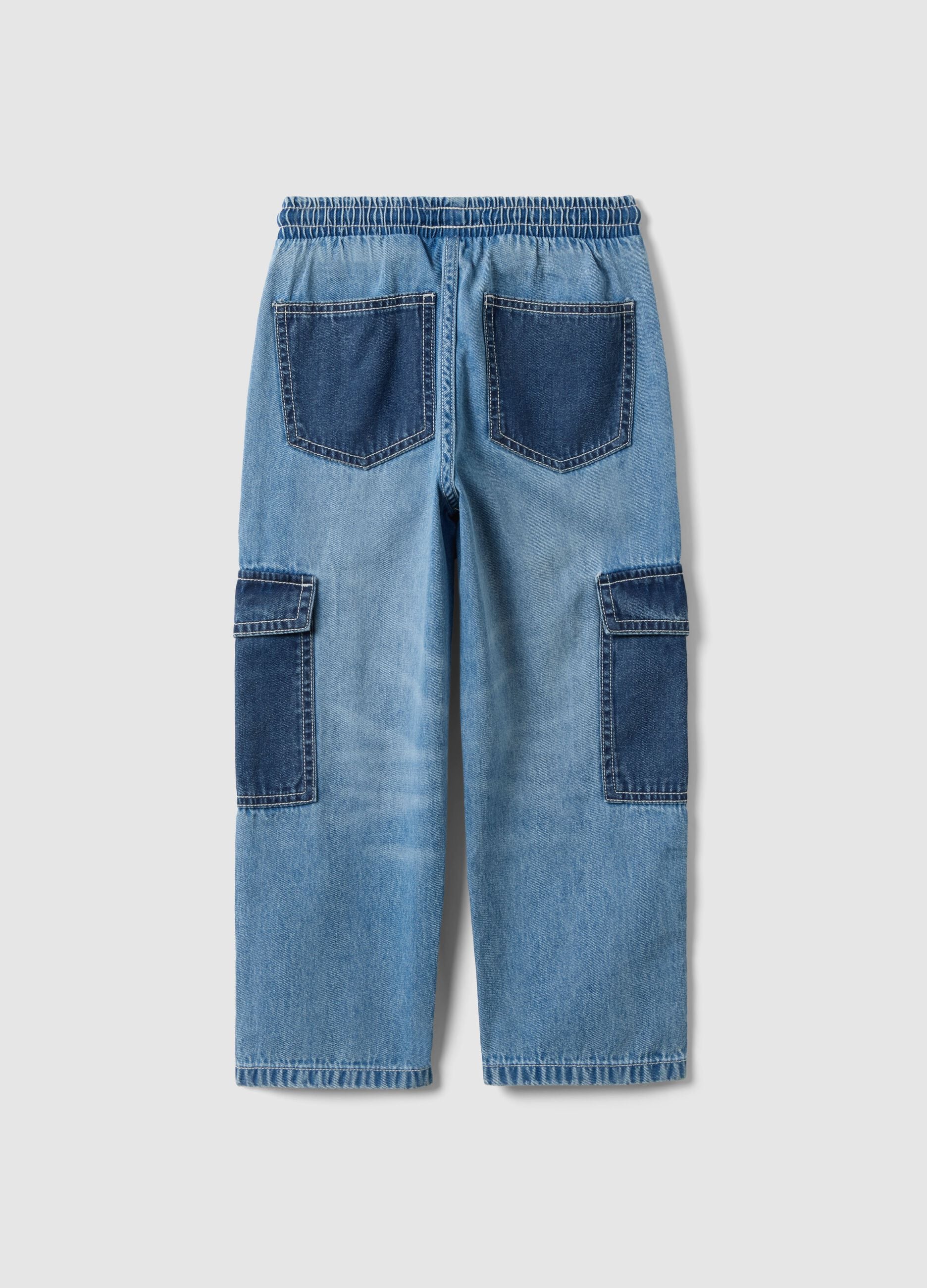 Multicoloured pure cotton denim cargo joggers for children with relaxed fit