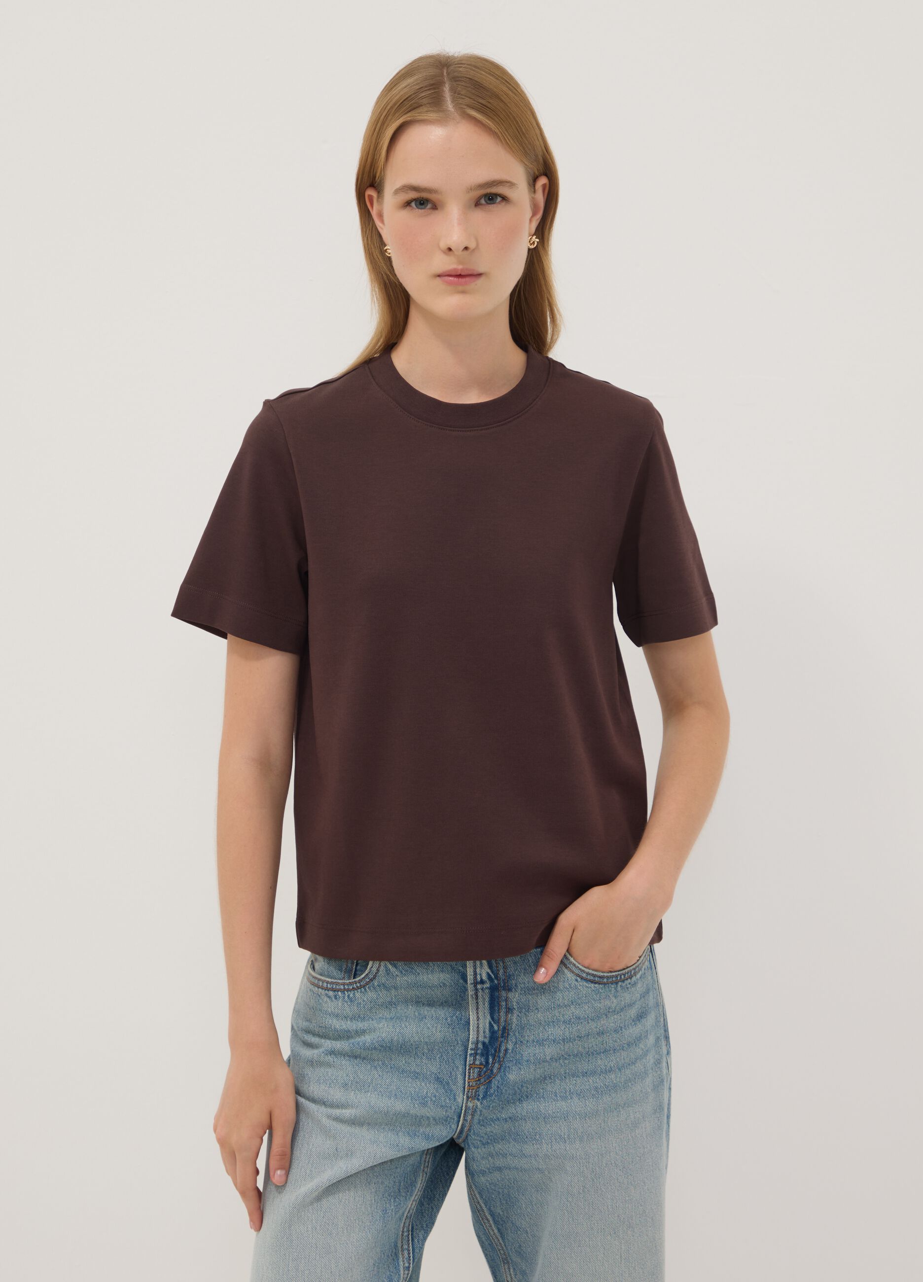 Brown relaxed-fit pure cotton short-sleeve T-shirt