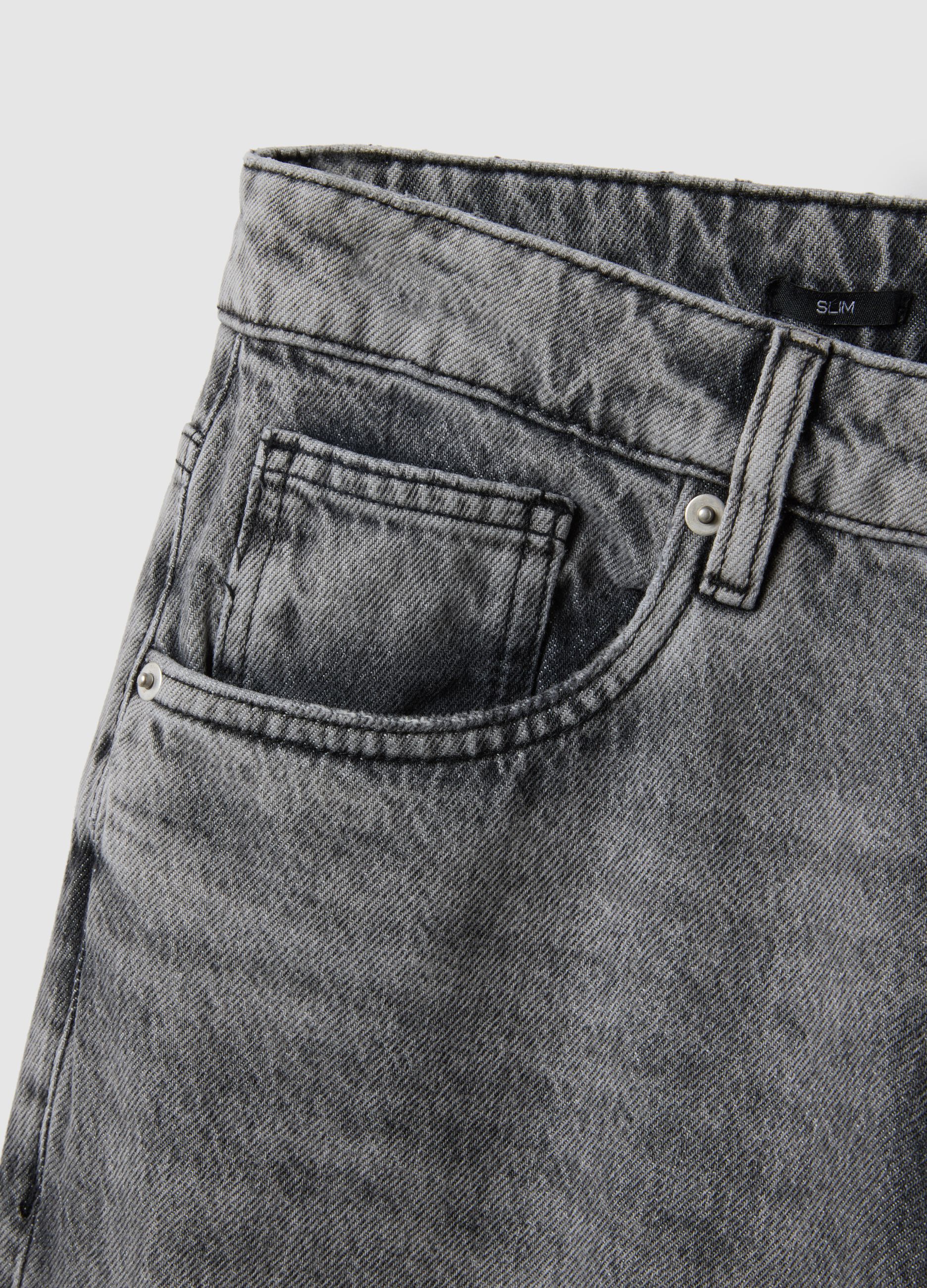 Grey Slim Fit Distressed Pure Cotton Jeans