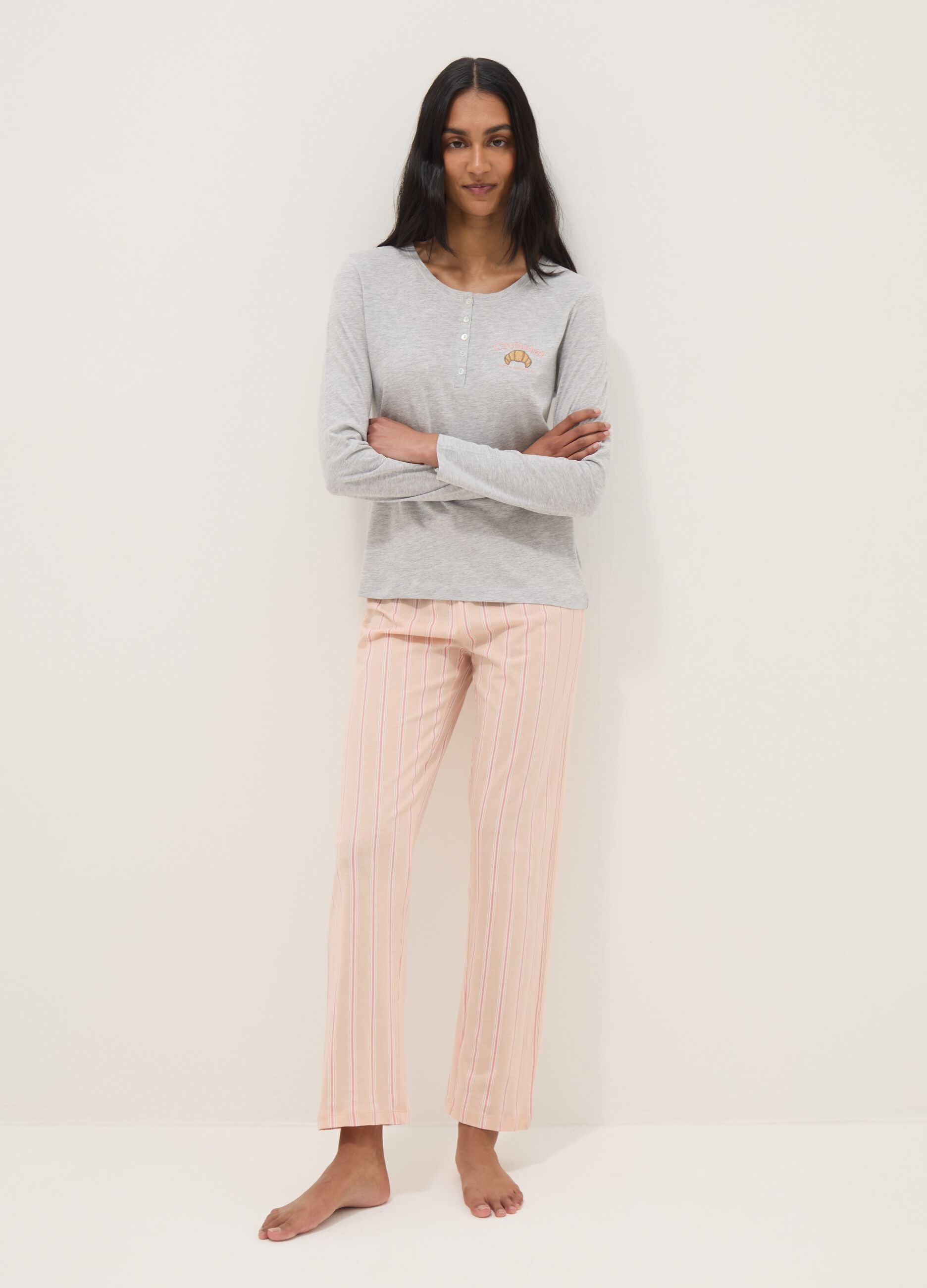 Regular fit multicolour pure cotton pyjamas with croissant